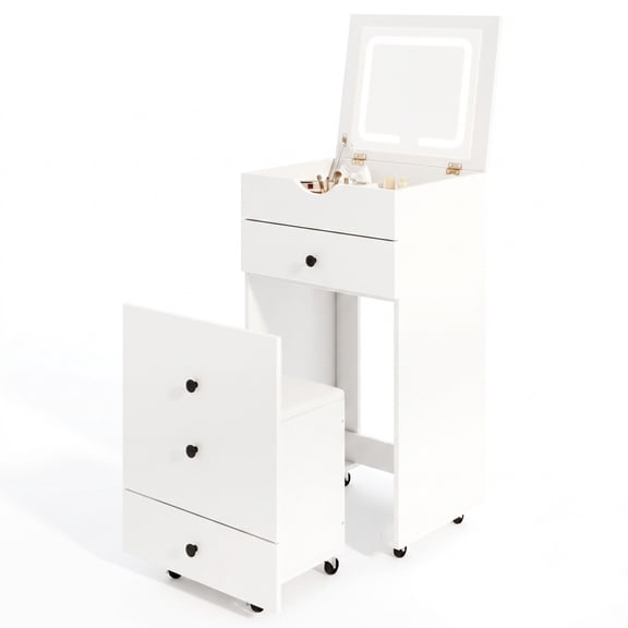 Furnibear 3-in-1 Vanity Set With Cushioned Stool and Flip-Up Mirror, Makeup Vanity Desk With Adjustable Lights and Drawers for Bedroom, White