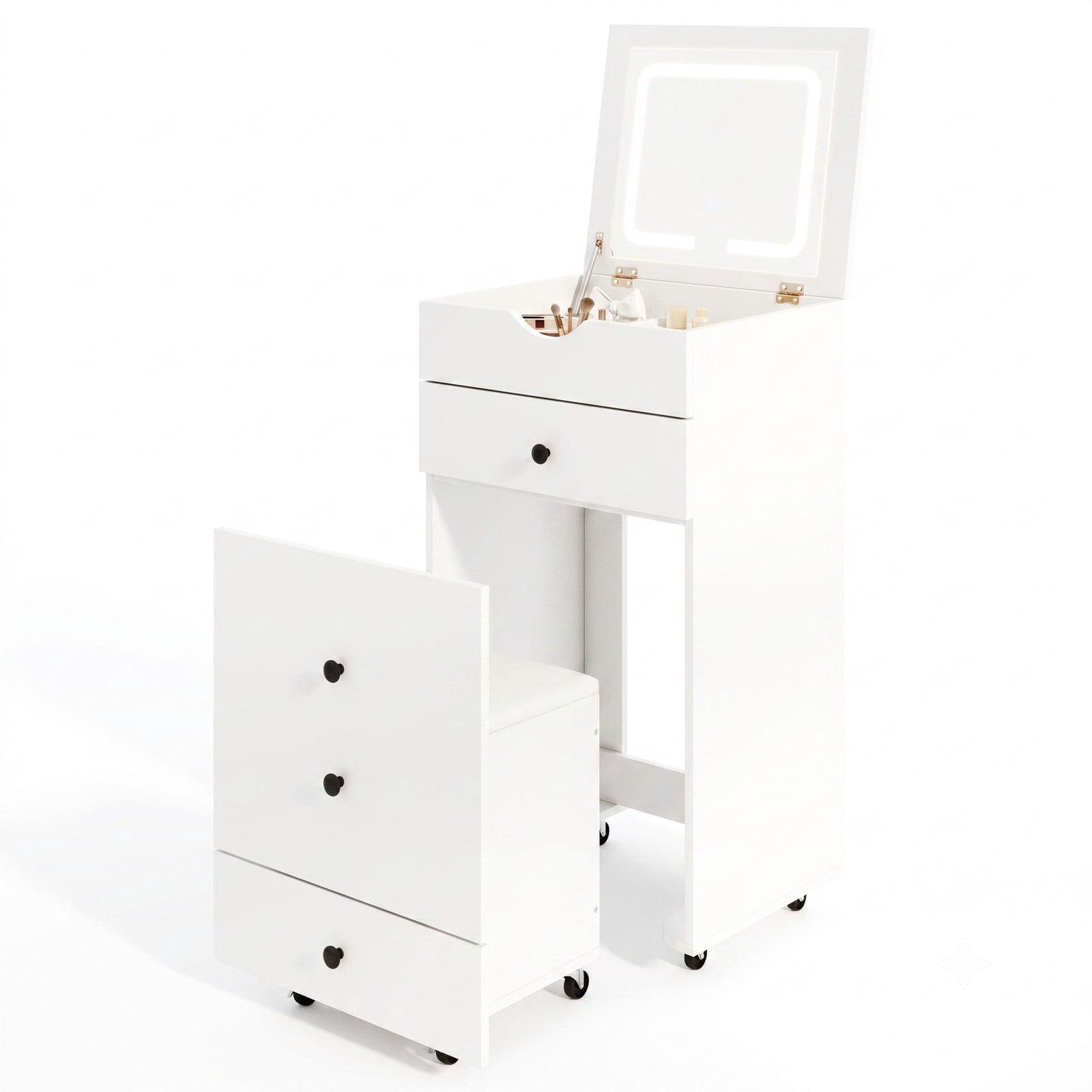 Furnibear 3 in 1 Vanity Set with Flip Up LED Mirror and Rolling Casters and Cushioned Storage Stool for Bedroom and Small Space, White