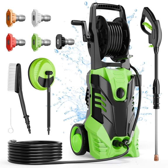 Fenbeli 3800 PSI Electric Pressure Washer - Lightweight with Wheels, Easy to Assemble, 2.0GPM, Includes 5 Nozzles for Cars, Fences, Driveways, Green
