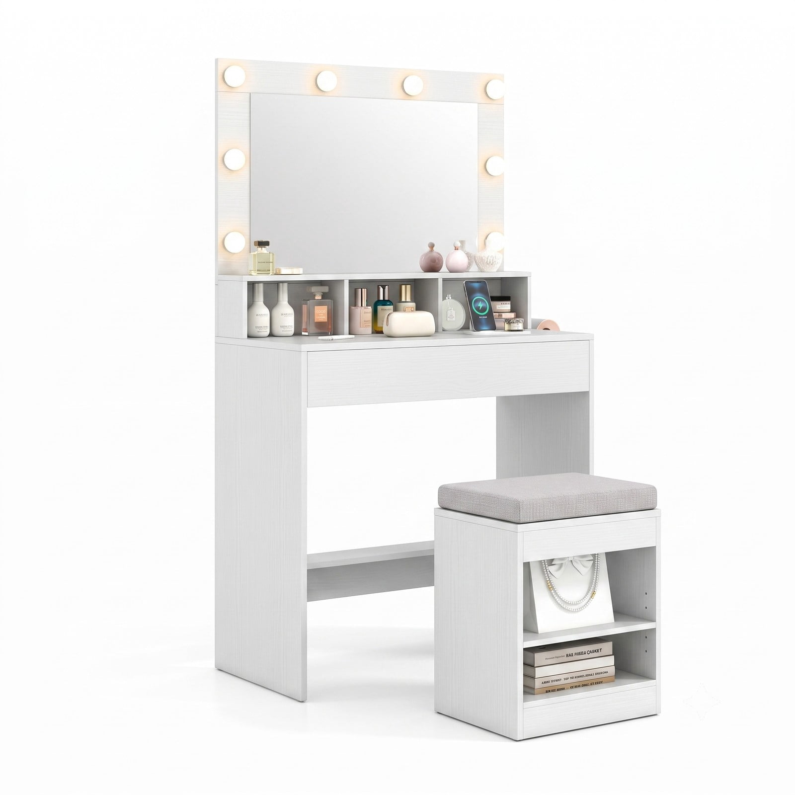 Furnibear Vanity Desk with Lighted Mirror and Charging Station, Makeup Vanity Table with 3 Lighting Modes and Cushioned Stool, White