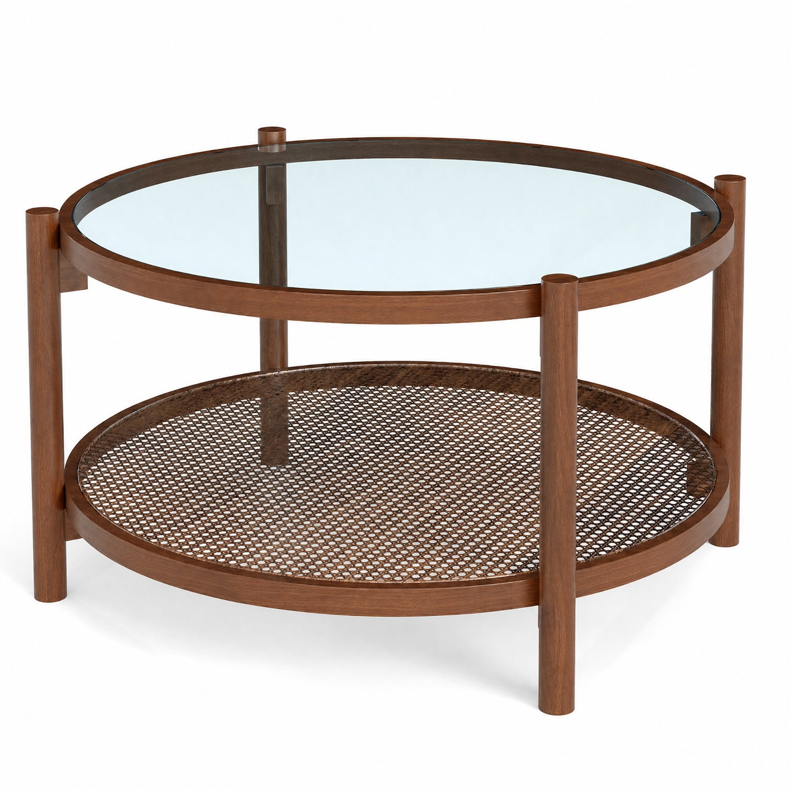 Furnibear 31 Inch 2 Tier Round Coffee Table with Tempered Glass Top and Hand Woven Rattan Shelf a Solid Wood Living Room Center Table, Cherry
