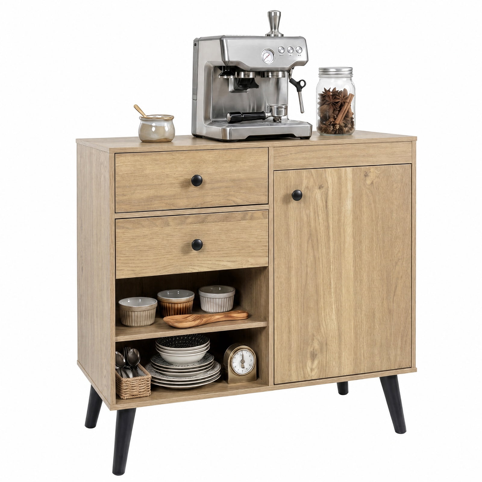 Furnibear 31" Sideboard Cabinet with 2 Open Compartments and 2 Drawers-Natrual for Kitchen Dining Living Room Buffet Storage Server, Natural
