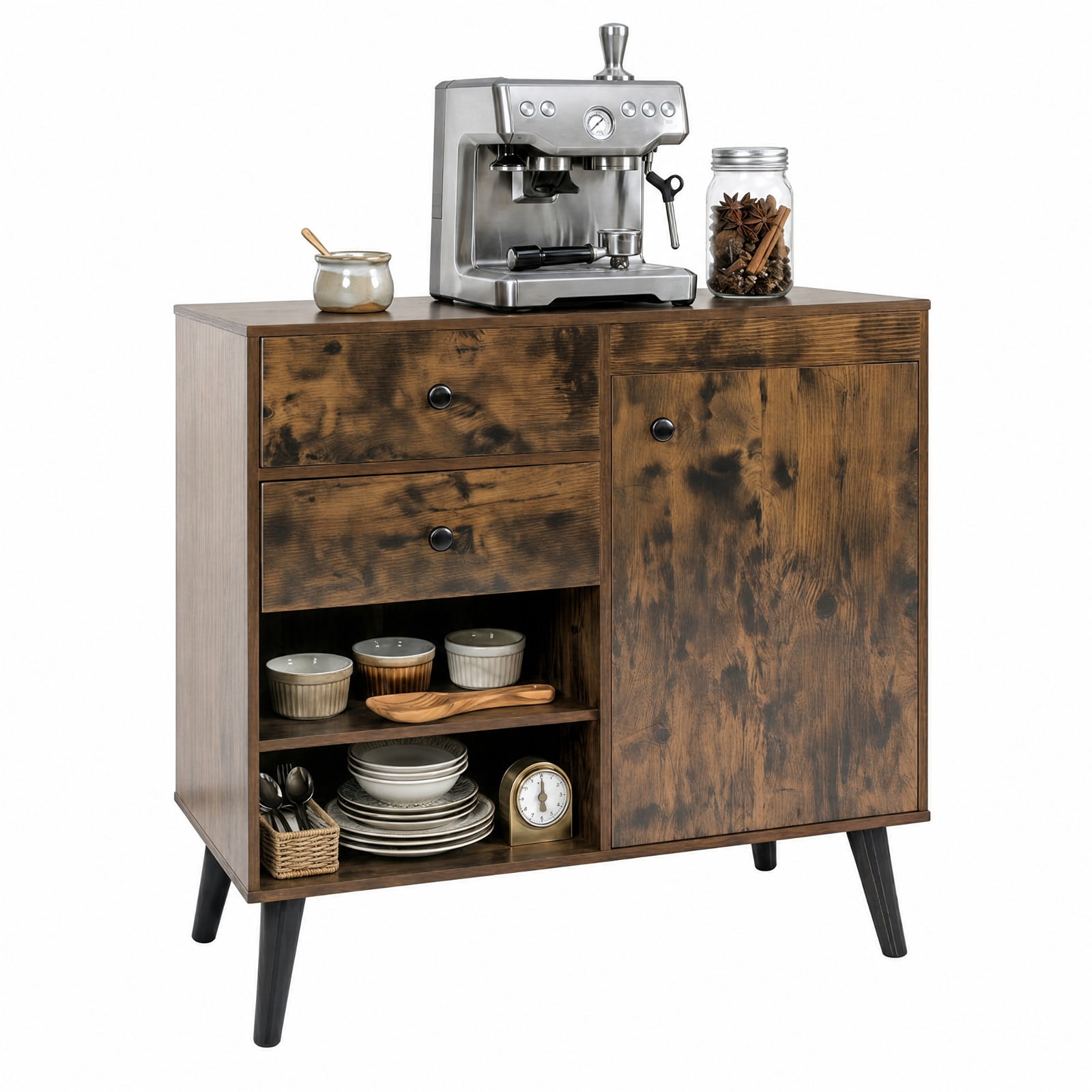 Furnibear 31" Sideboard Cabinet with 2 Open Compartments and 2 Drawers for Kitchen Dining Living Room Buffet Storage Server, Rustic Brown