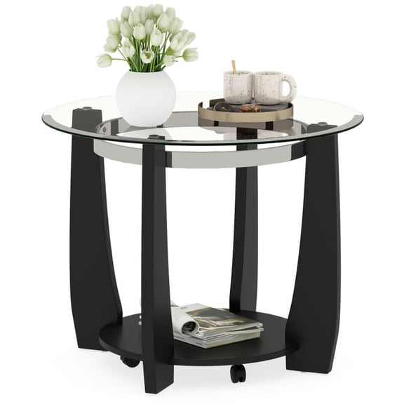 Furnibear 32" 2-Tier Glass Round Coffee Table with Storage Shelf - Black - Living Room Cocktail Center Table