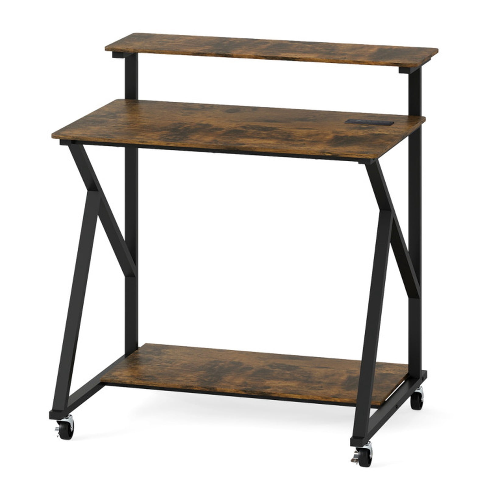 Furnibear 32 Inch Rolling Computer Desk for Small Spaces With Power Outlets and Monitor Shelf, Compact Home Office Desk on Wheels, Rustic Brown