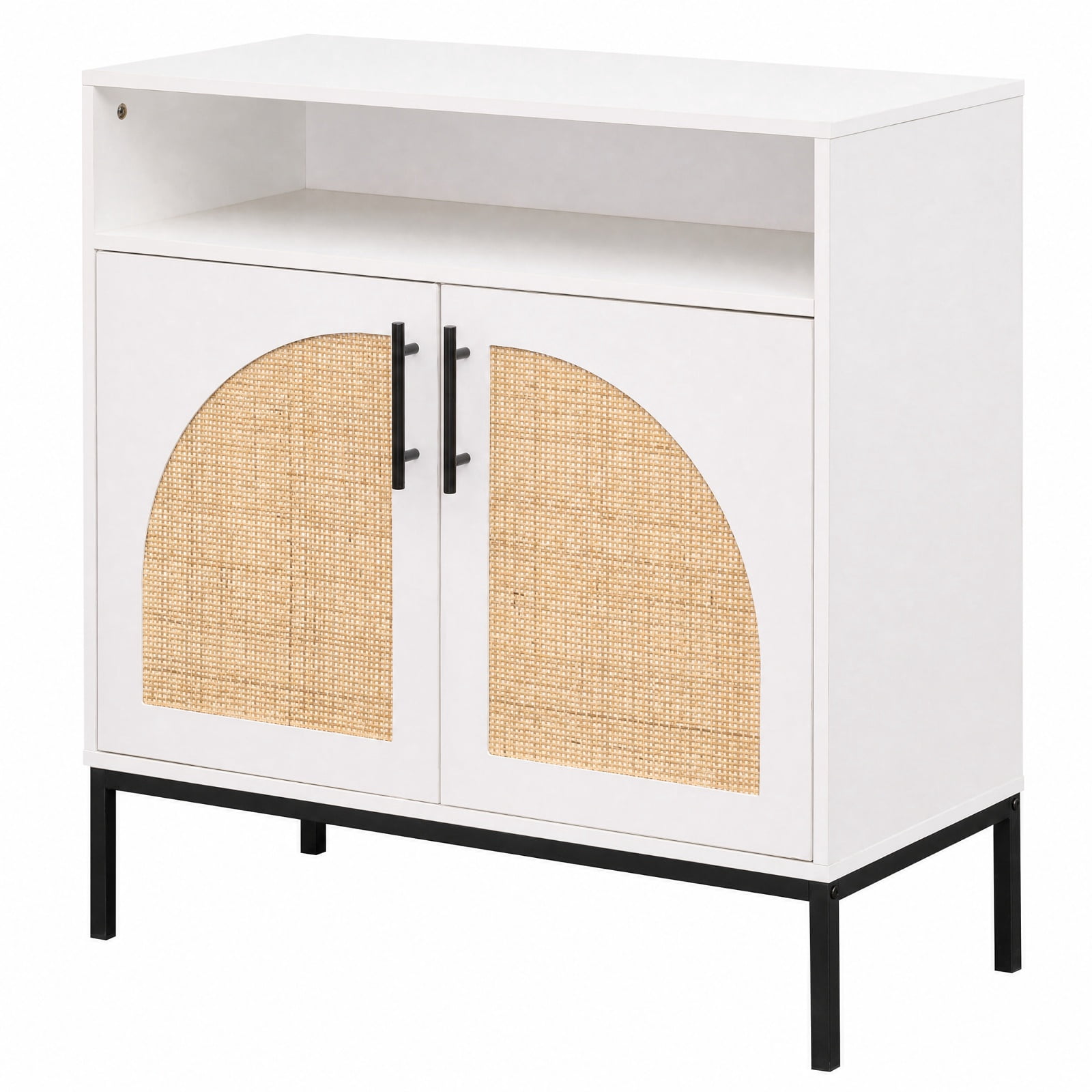 Furnibear 32" Sideboard Buffet Cabinet with 2 Natural Rattan Decorated Doors and Adjustable Shelf for Kitchen Dining Living Room Buffet, White