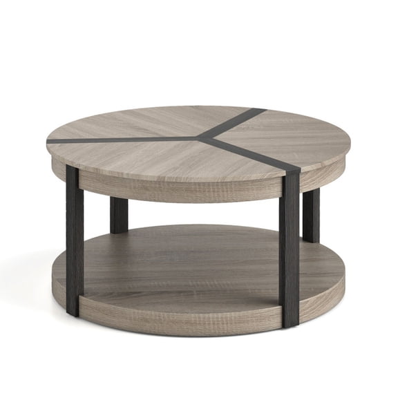 Furnibear 34.5" Rubber Wood 2-Tier Round Center Table with Spacious Tabletop and Storage Shelf - Gray