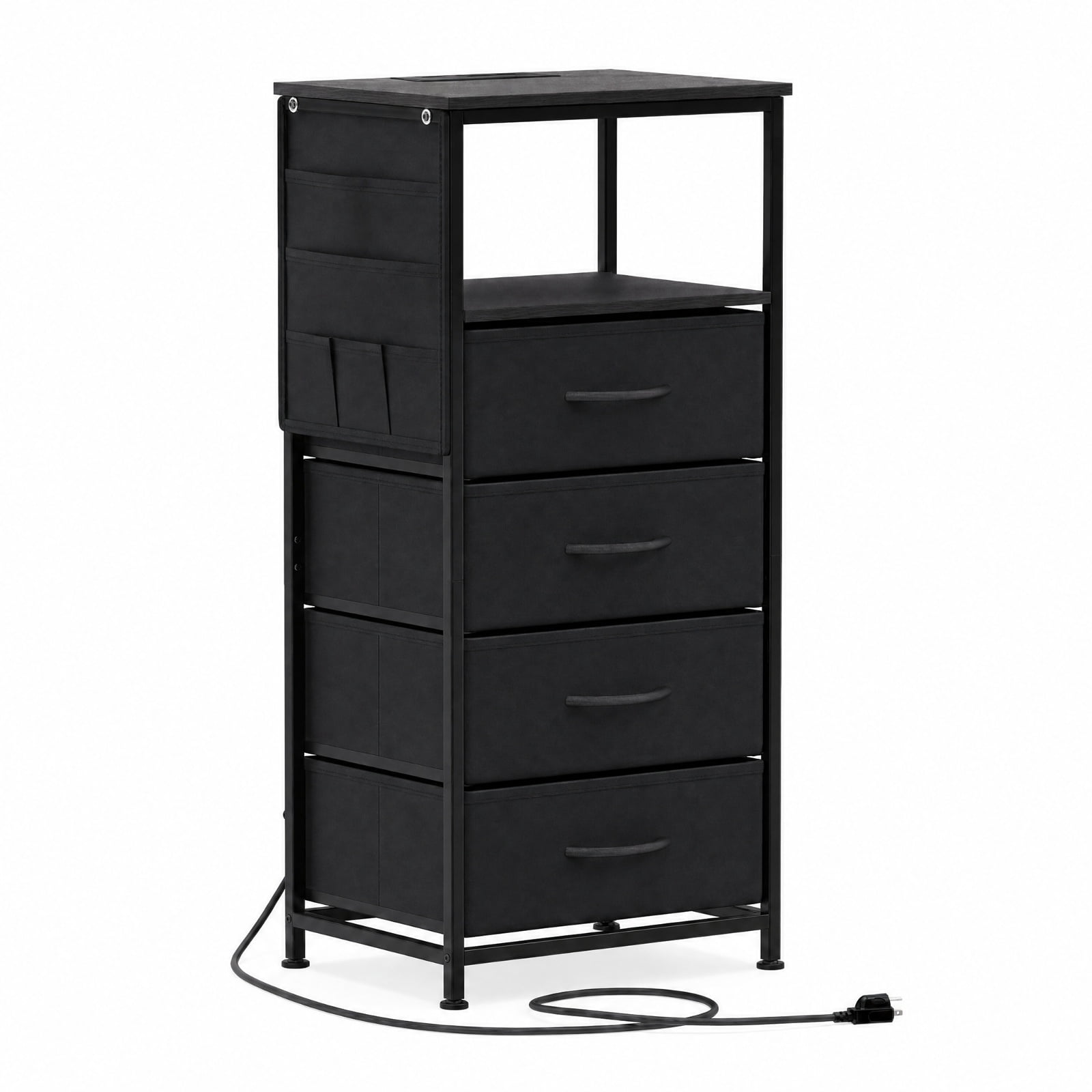 Furnibear 34 Inch Tall Black Nightstand with Integrated Charging Station and 4 Fabric Drawers