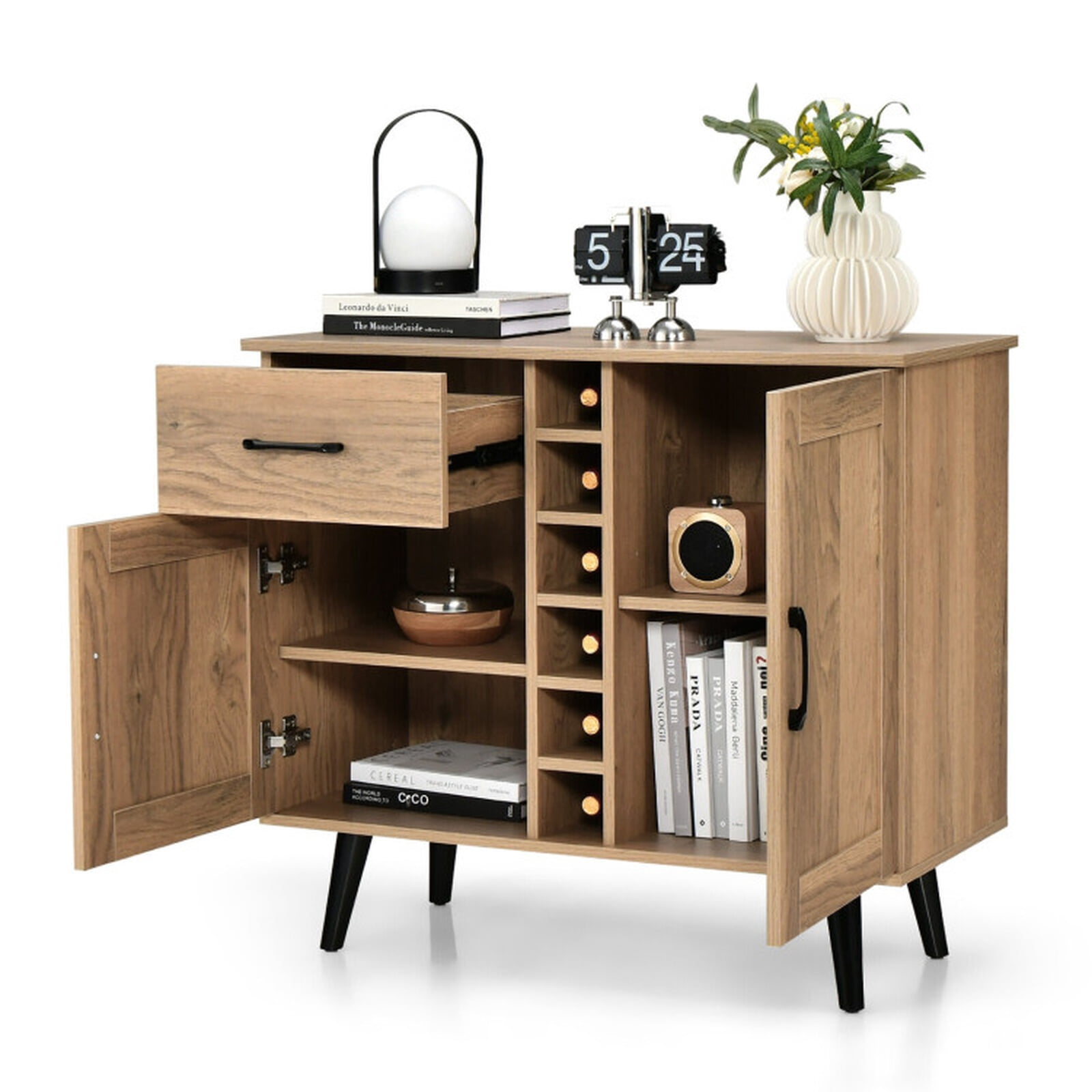 Furnibear 35.5" Modern Wine Bar Cabinet with Bottle Rack Storage with 1 Drawer and Adjustable Shelves for Living Room Dining Room - Natural