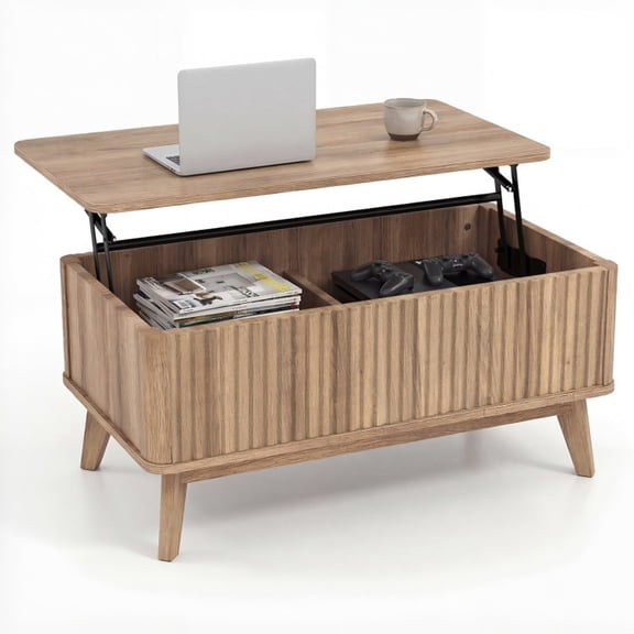 Furnibear 35.5" Rectangle Wooden Fluted Lift Top Coffee Table - Walnut - Living Room Cocktail Center Table