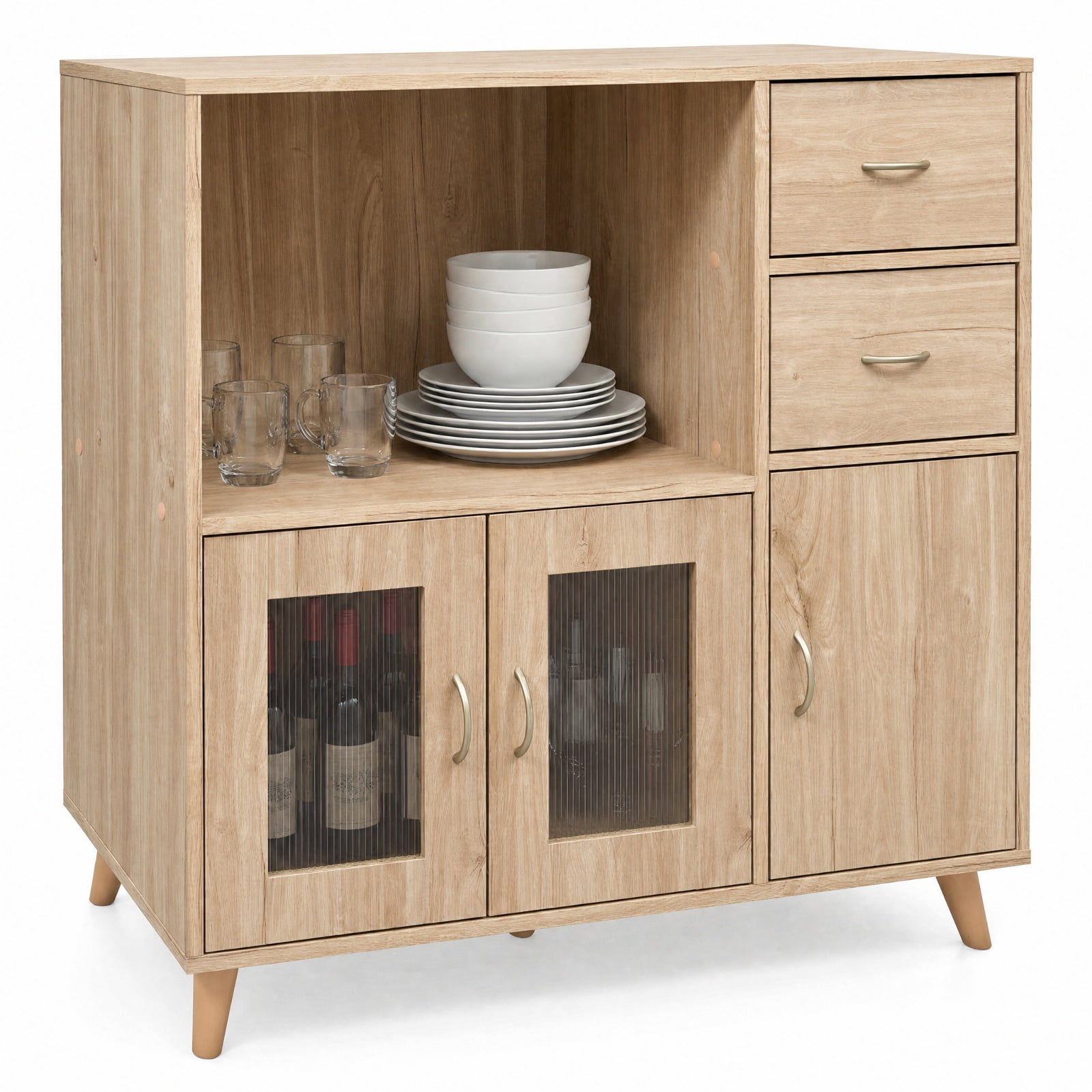 Furnibear 36 Inch Sideboard Buffet Cabinet with Open Compartment for Kitchen Dining Living Room Buffet Storage Server, Natural