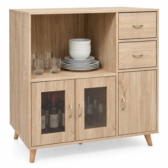 Furnibear 36 Inch Sideboard Buffet Cabinet with Open Compartment for Kitchen Dining Living Room Buffet Storage Server, Natural