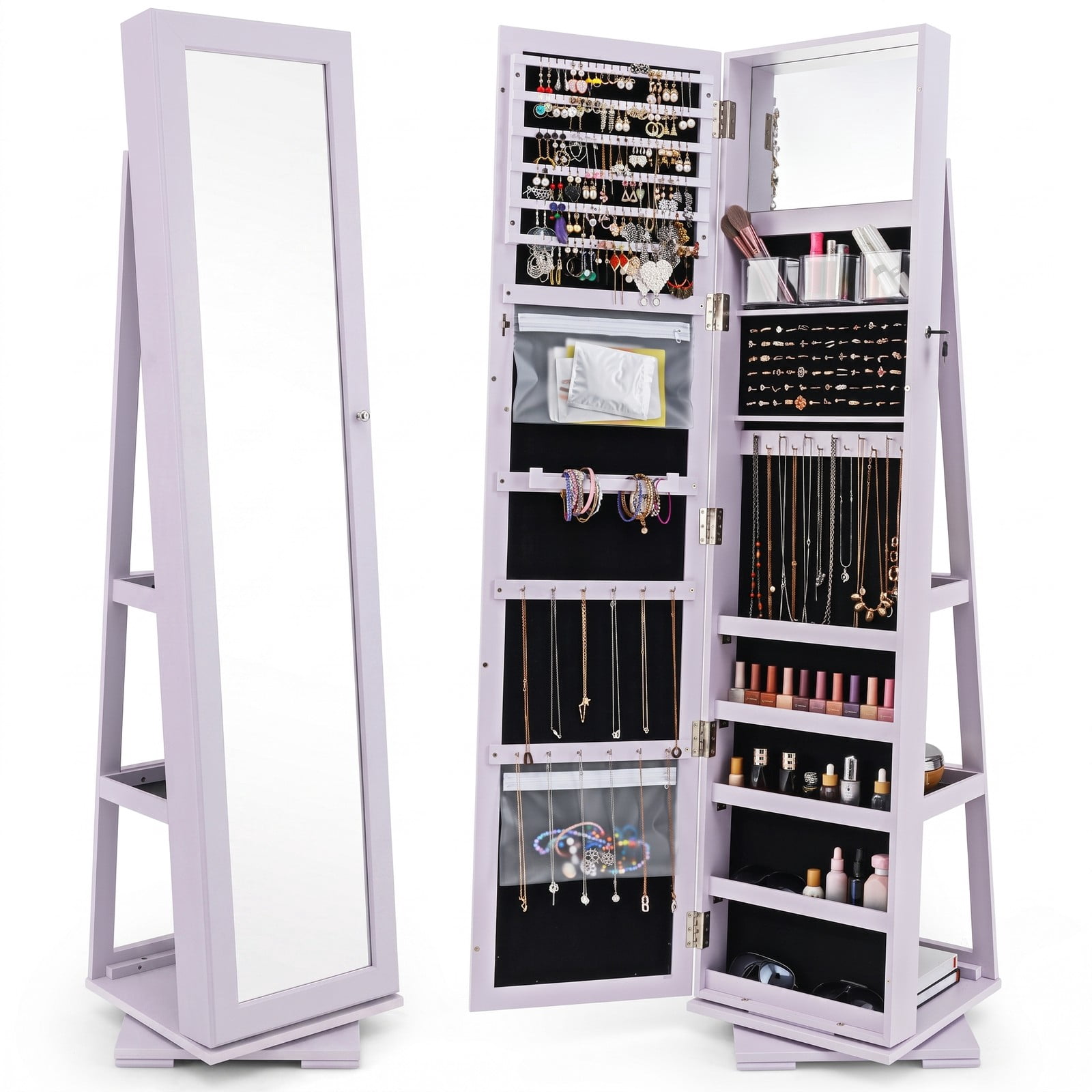 Furnibear 360 Degree Rotatable Freestanding Lockable Jewelry Cabinet with Full-Length Mirror and 100 Earring Slots for Bedroom, Purple