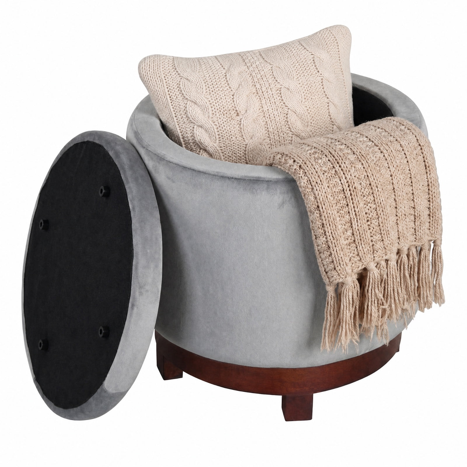 Furnibear 360 Degree Swivel Velvet Foot Rest Storage Ottoman with Hidden Compartment and Solid Acacia Wood Frame for Living Room and Bedroom, Gray