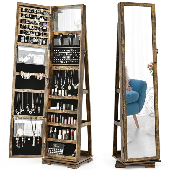 Furnibear 360 Rotatable 2, Rustic Brown - Full Length Mirror Cabinet for Rings Necklaces Earrings Home Furniture