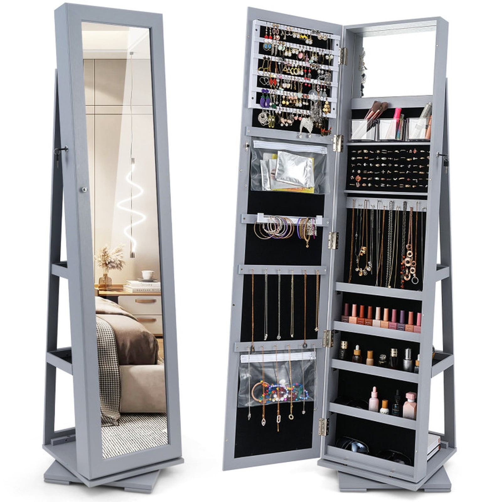 Furnibear 360° Rotatable 2-in-1 Lockable Jewelry Cabinet with Full-Length Mirror for Bedroom Dressing Room Jewelry Necklace Rings Storage Mirror, Gray