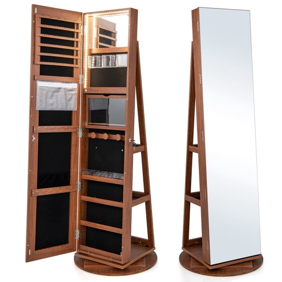 Furnibear 360 Rotating Mirrored Jewelry Cabinet Armoire 3 Color LED Modes Lockable, Dark Brown - Full Length Mirror Cabinet for Rings Necklaces Earrings