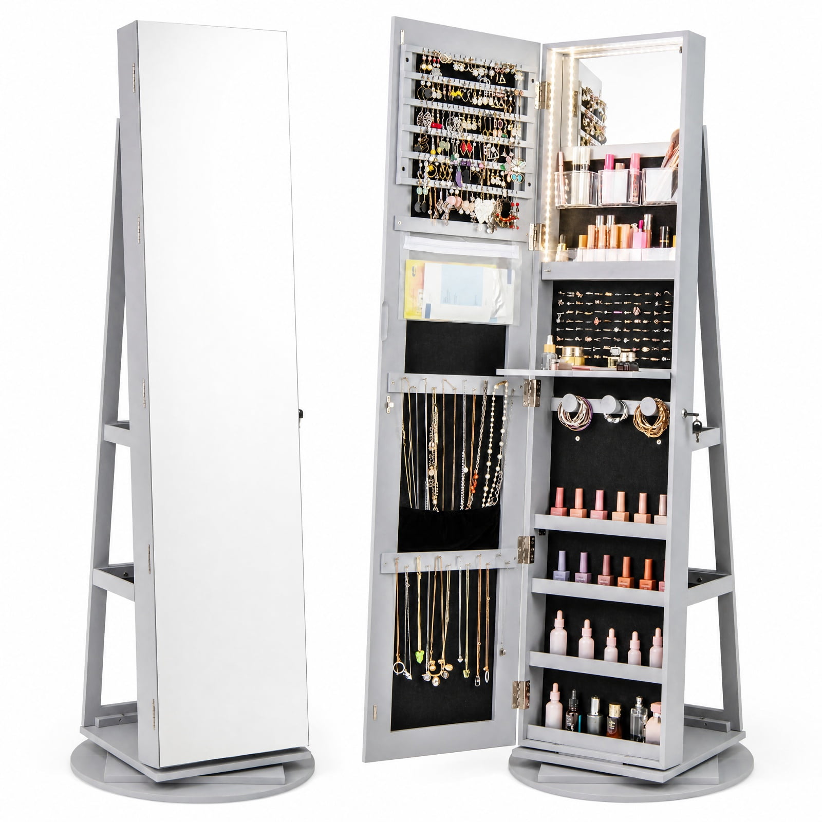 Furnibear 360° Rotating Mirrored Jewelry Cabinet Armoire 3 Color LED Modes Lockable for Bedroom Dressing Room Jewelry Necklace Rings Storage, Gray