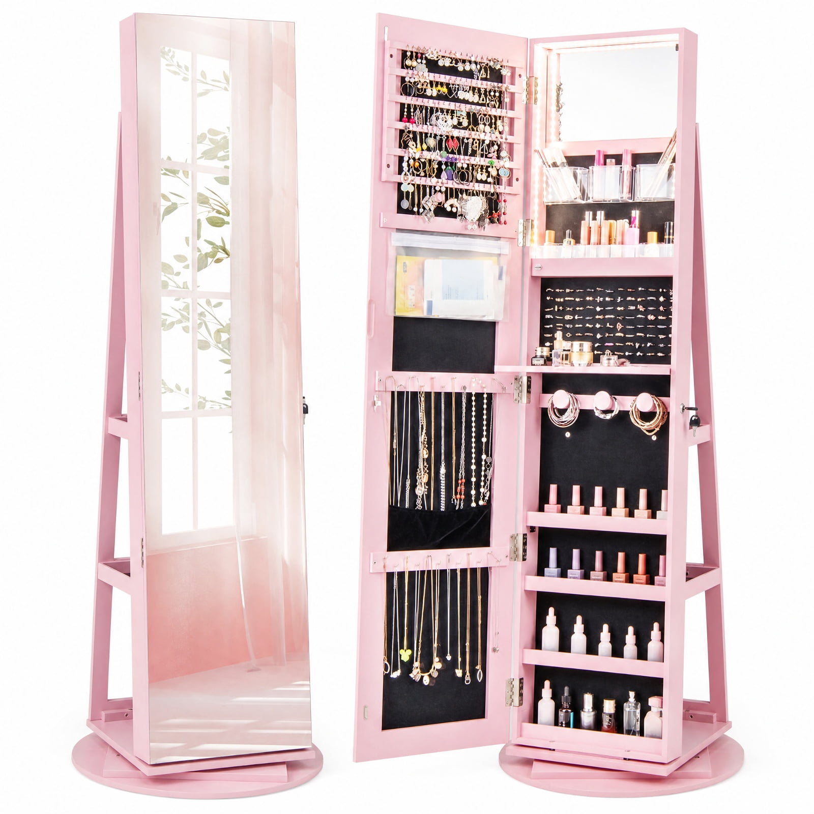 Furnibear 360° Rotating Mirrored Jewelry Cabinet Armoire 3 Color LED Modes Lockable for Bedroom Dressing Room Jewelry Necklace Rings Storage, Pink