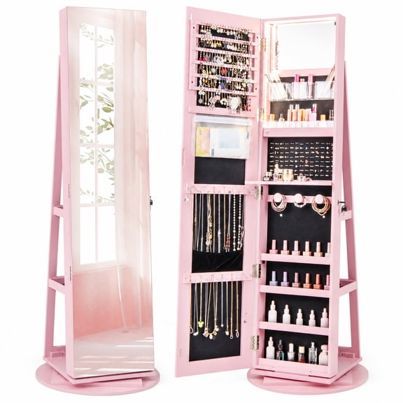 Furnibear 360 Rotating Mirrored Jewelry Cabinet Armoire 3 Color LED Modes Lockable for Bedroom Dressing Room Jewelry Necklace Rings Storage, Pink