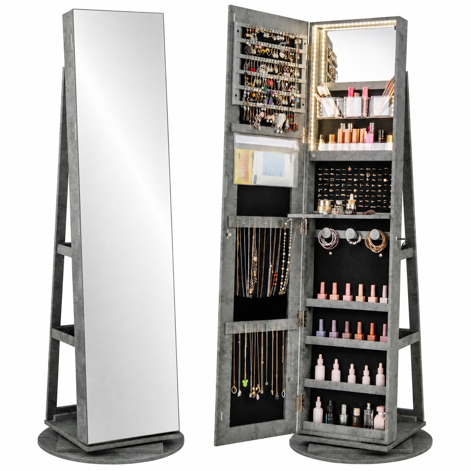 Furnibear 360 Rotating Mirrored Jewelry Cabinet Armoire with 3 Color LED and Lock in Green