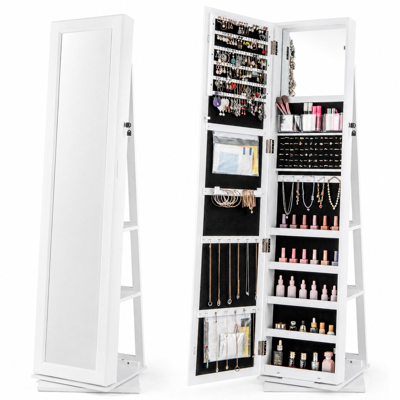 Furnibear 360° Swivel Jewelry Armoire Standing Jewelry Organizer with Full Length Mirror and Back Shelves for Bedroom Dressing Room Jewelry, White