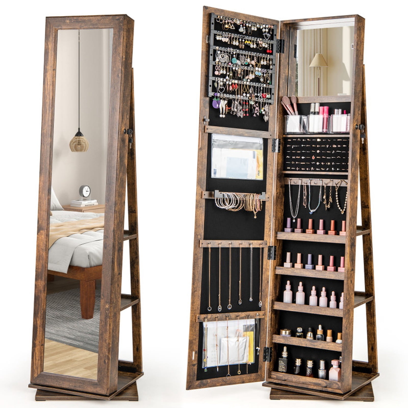 Furnibear 360° Swivel Jewelry Armoire Standing Jewelry Organizer with Full Length Mirror and Back Shelves for Bedroom Dressing Room, Rustic Brown