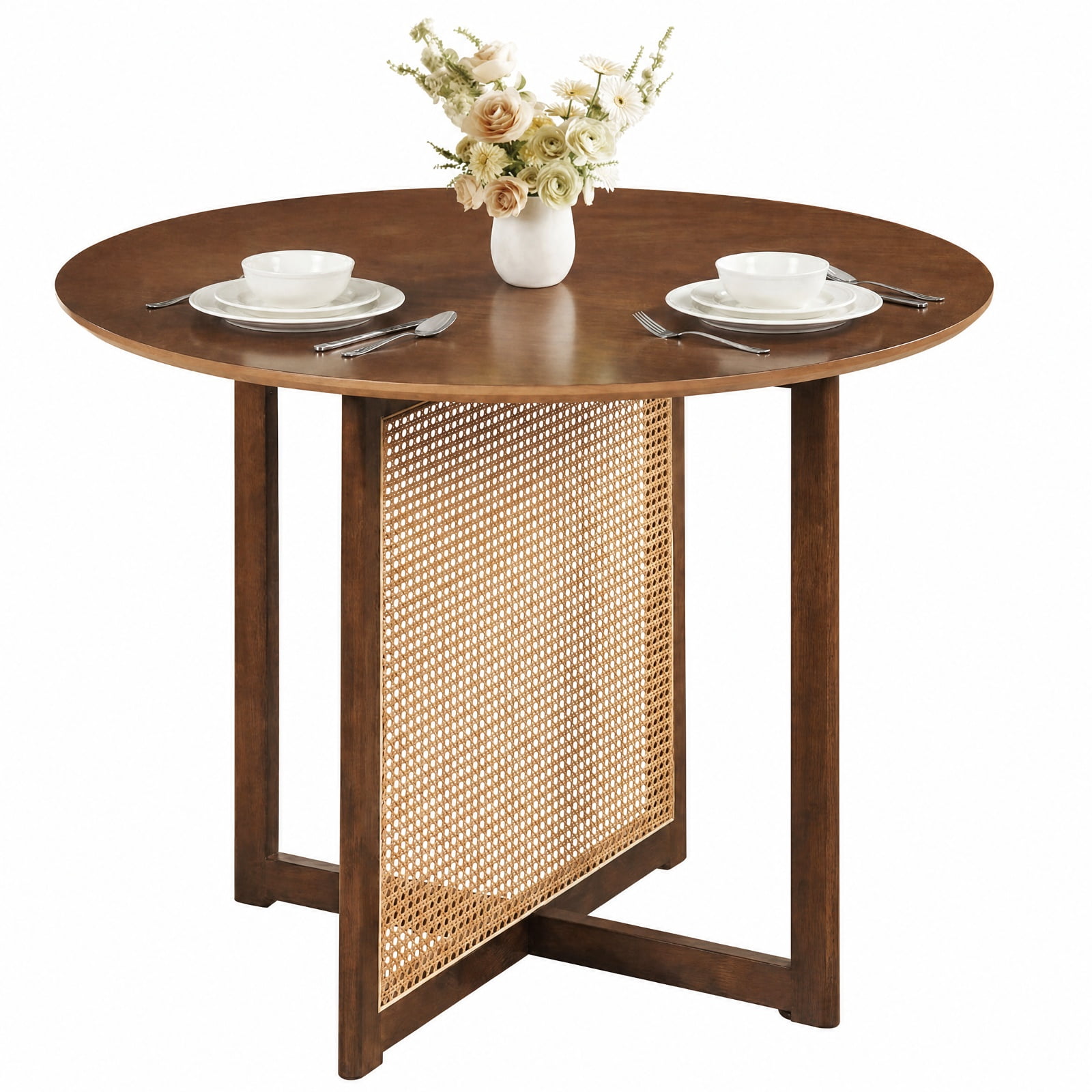 Furnibear 37 Inch Round Dining Table for 4 with Cross Pedestal Base and Rattan Accent for Kitchen and Breakfast Nook, Walnut