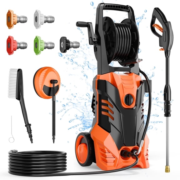 Fenbeli 3800 PSI Electric Pressure Washer - Lightweight with Wheels, Easy to Assemble, 2.0GPM, Includes 5 Nozzles for Cars, Fences, Driveways, Orange