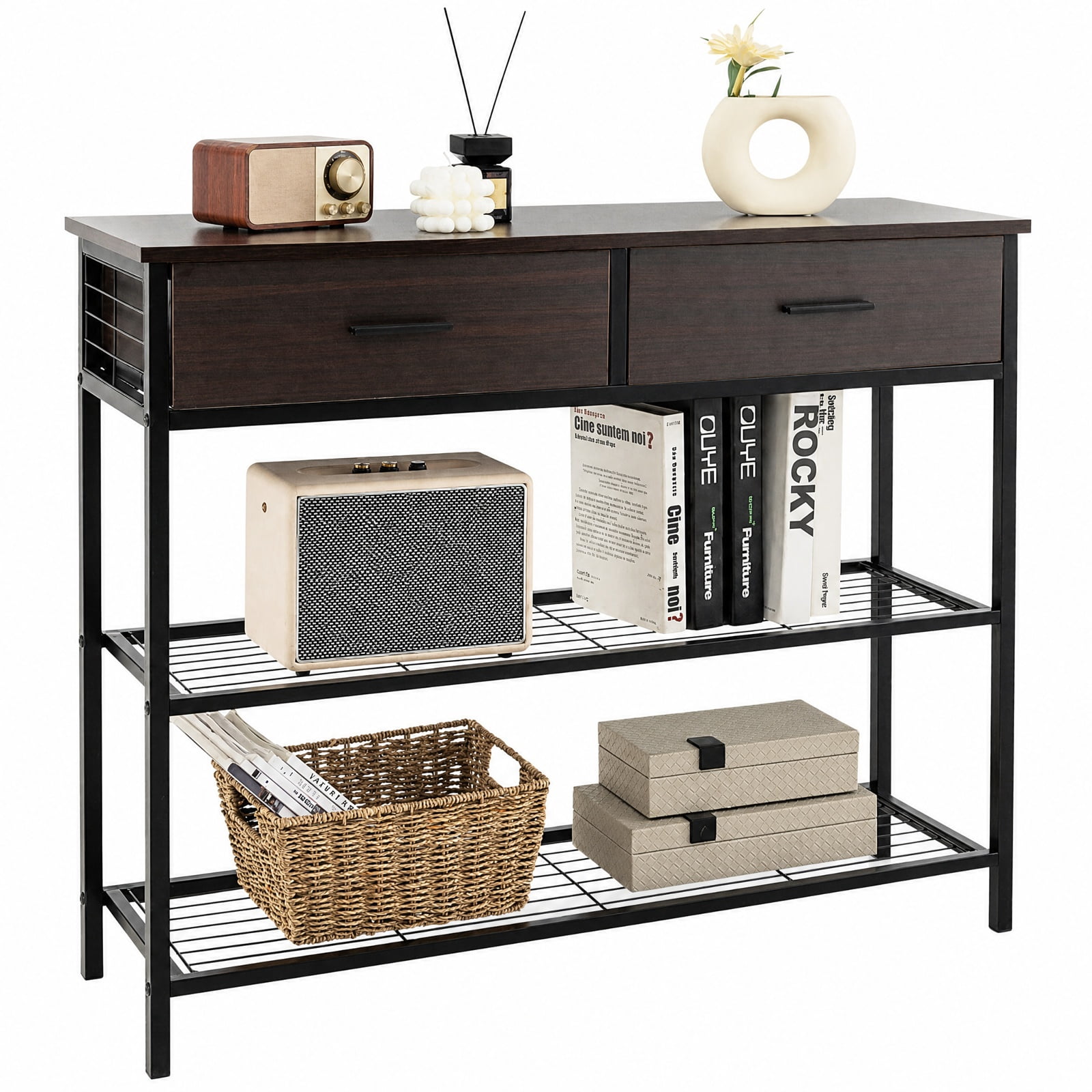Furnibear 39.5 Inch Entryway Console Table with 2 Drawers and 2-Tier Metal Shelves for Living Room Hallway and Behind Sofa Storage, Dark Brown