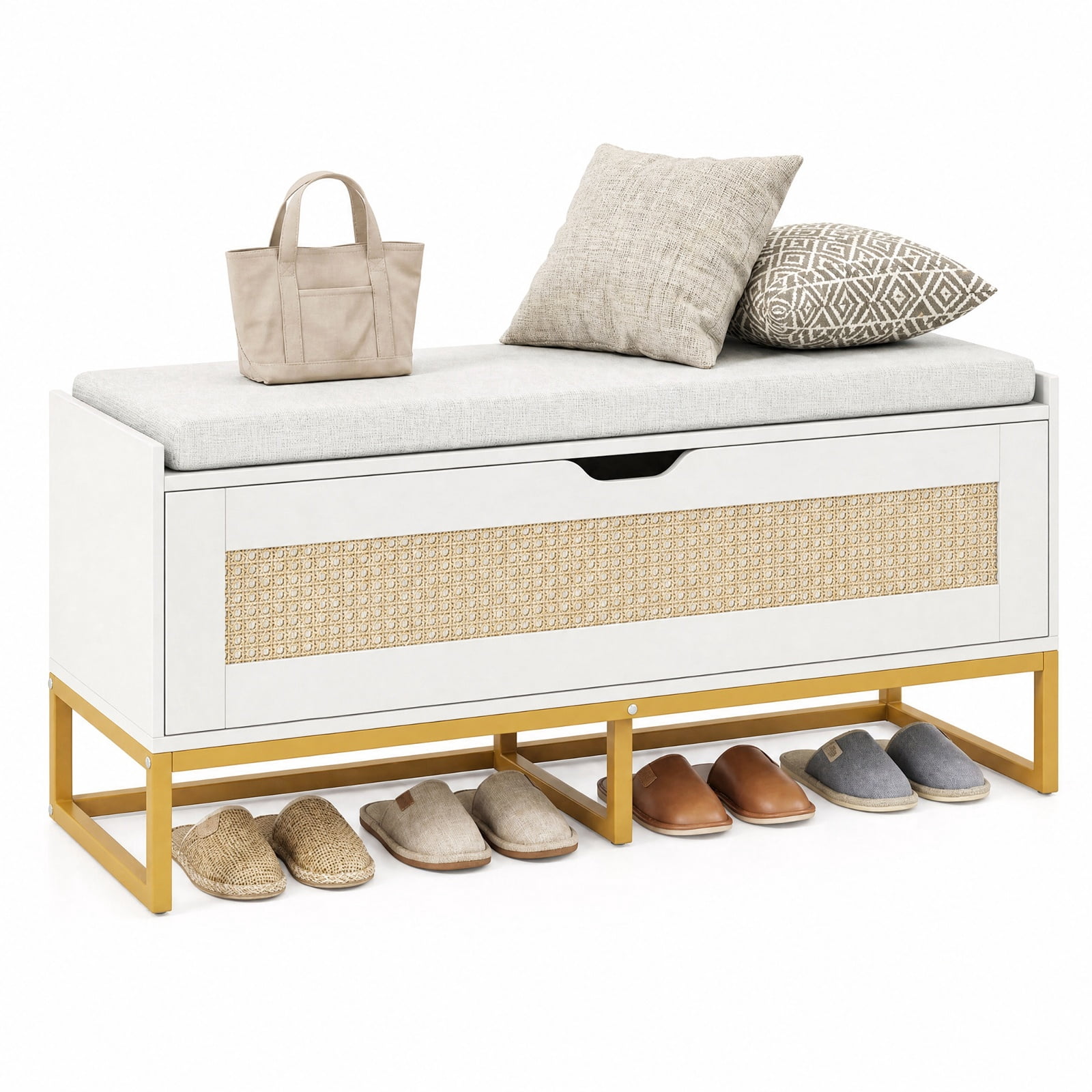 Furnibear 39.5 Inch Rattan Storage Chest Wicker Shoe Storage Bench with Padded Seat and Flip Top Lid for Entryway Bedroom and Living Room, White