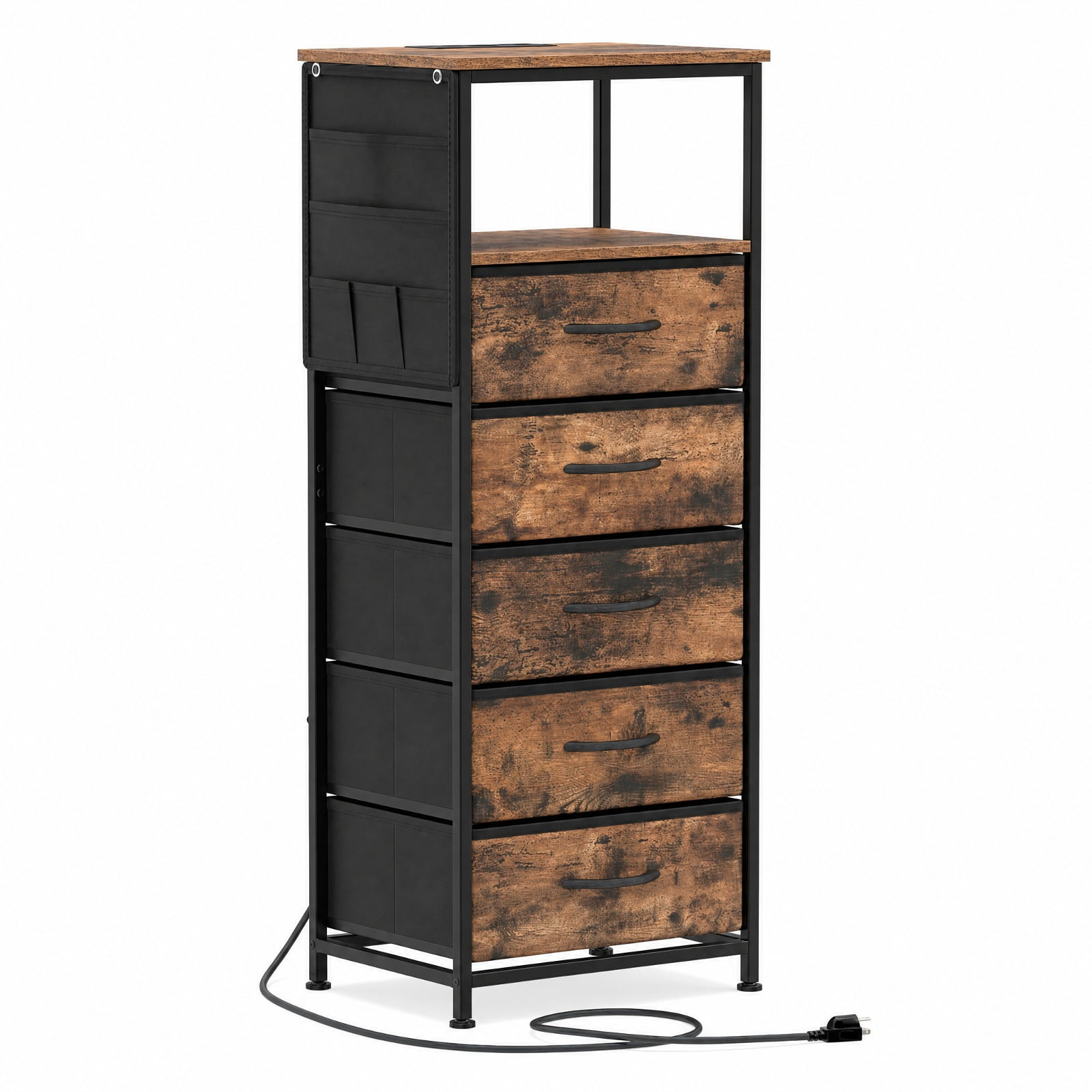 Furnibear 39 Inch Tall Nightstand with Integrated Charging Station and 5 Fabric Drawers