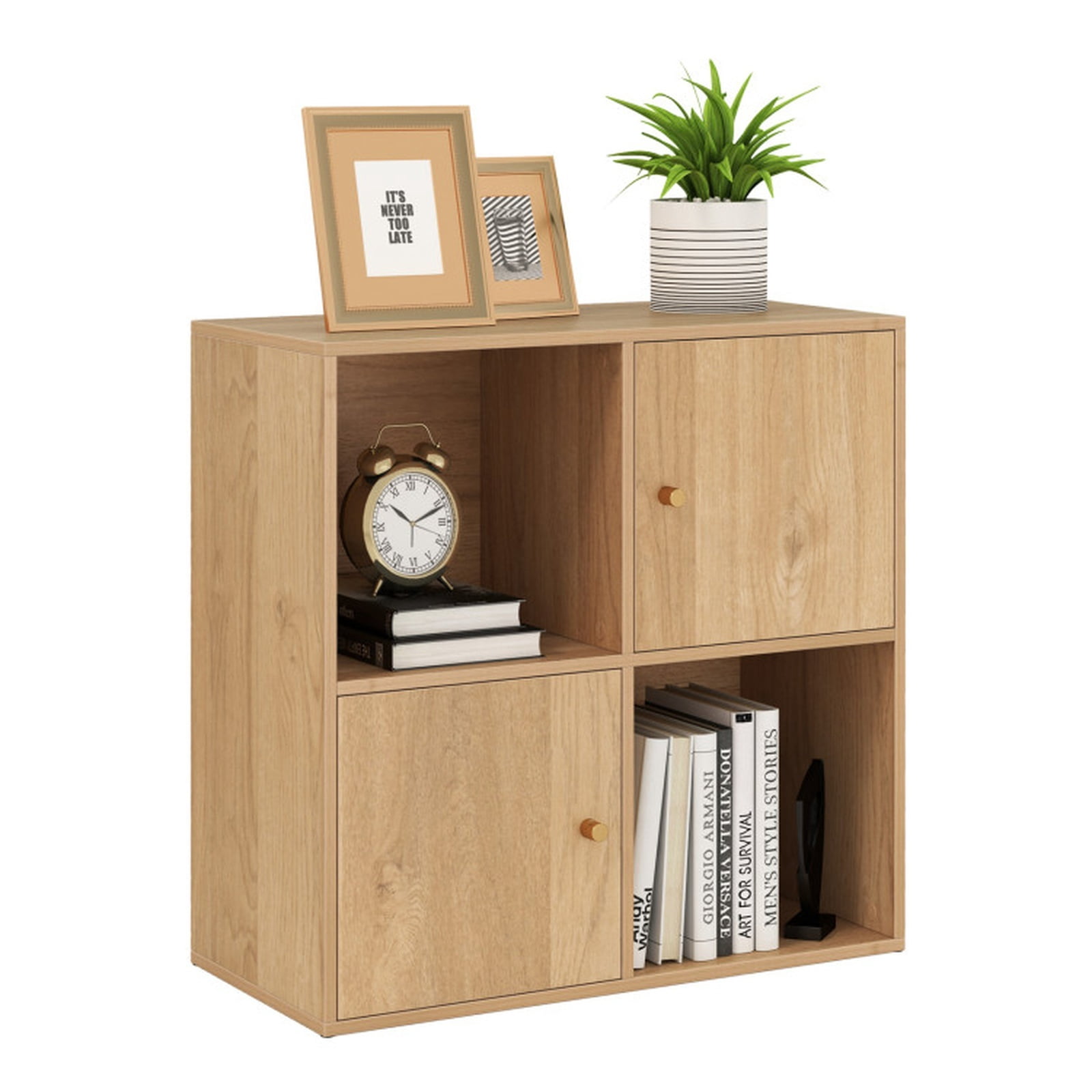 Furnibear 4-Cube 3-Tier Bookcase with 2 Cabinets Dual Anti-Tipping Kits and Metal Knobs for Living Room and Home Office, Natural