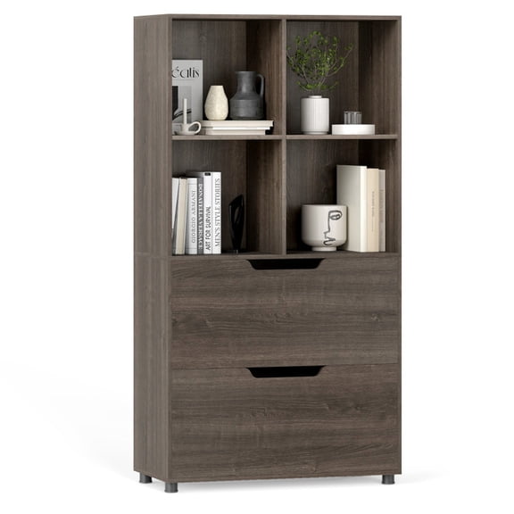 Furnibear 4-Cube Bookcase with 2 Drawers 51 Inch 5-Tier Tall Freestanding Bookshelf Display Storage Organizer for Living Room Bedroom Home Office, Gray