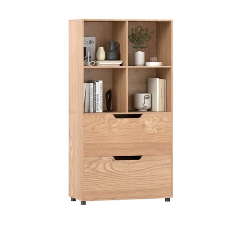 Furnibear 4-Cube Bookcase with 2 Drawers 51 Inch 5-Tier Tall Freestanding Bookshelf and Display Storage Organizer for Living Room and Home Office, Natural