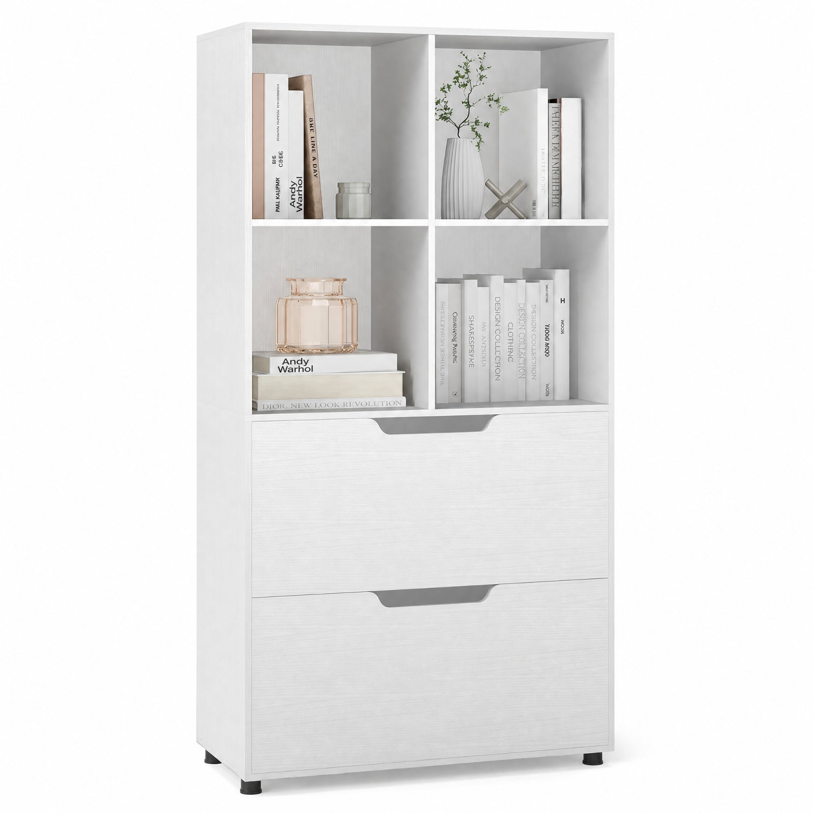 Furnibear 4-Cube Bookcase with 2 Drawers 51 inch 5-Tier Tall Freestanding Bookshelf for Living Room Home Office Bedroom Display Storage Shelf, White