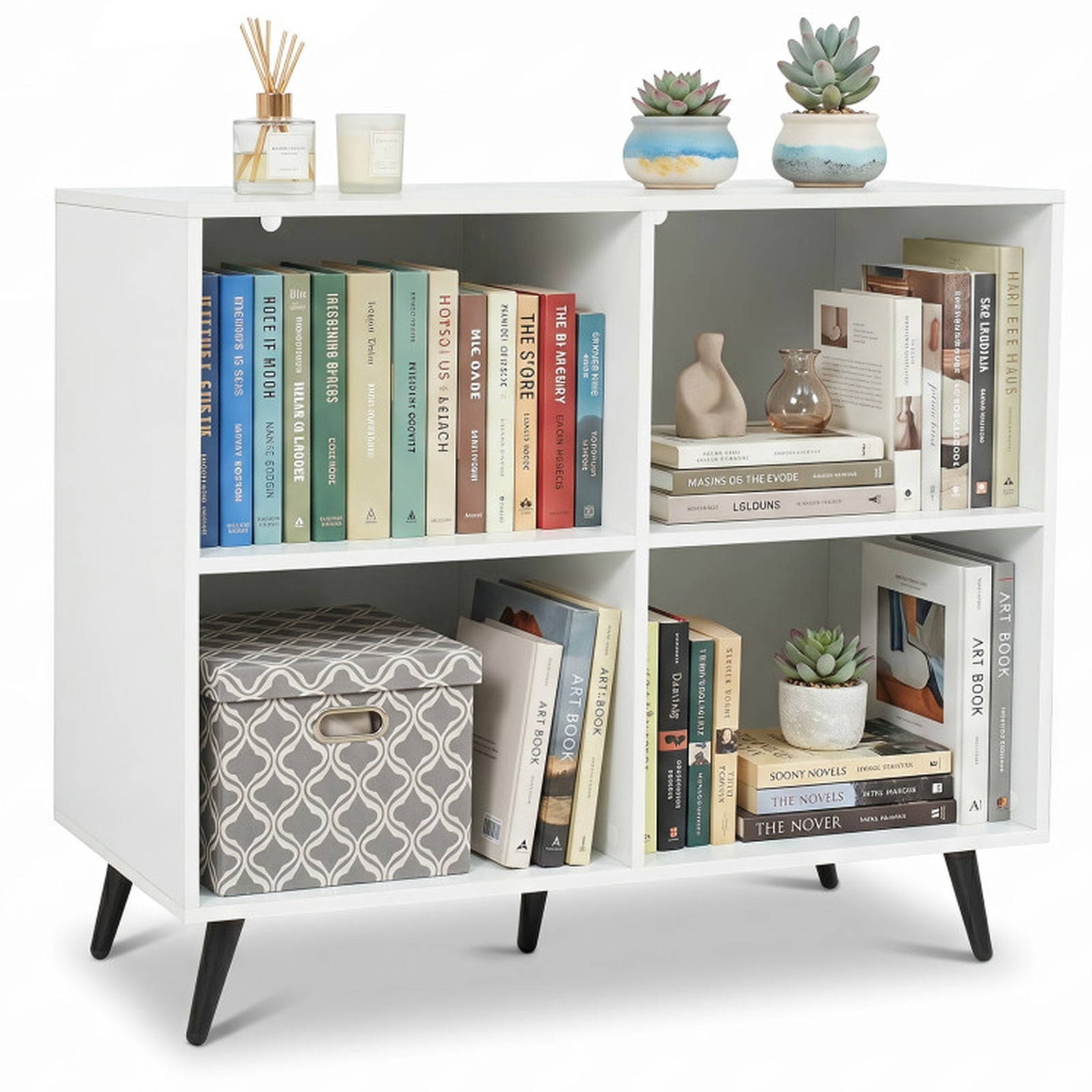 Furnibear 4 Cube Wooden Bookshelf Bookcase Desk with 5 Metal Legs and Enclosed Back for Home Office Living Room Storage, White