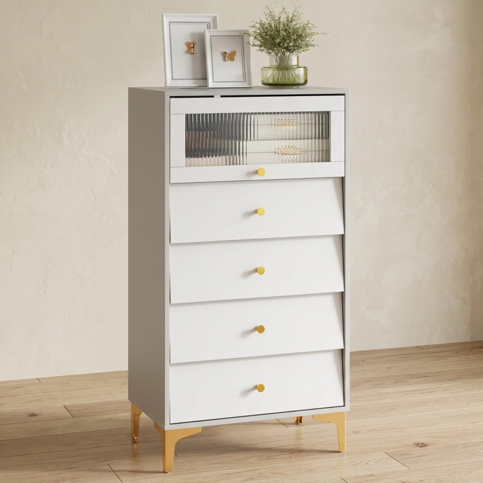 Furnibear 4 Drawer Accent Storage Cabinet with Flip Up Fluted Glass Door and Modern Drawers for Bedroom Living Room and Entryway, Gray
