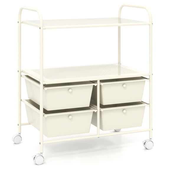 Furnibear Rolling Storage Cart with 4 Drawers and 2 Open Shelves Metal Utility Cart on Wheels for Home Office Craft Room and Classroom Organization, White