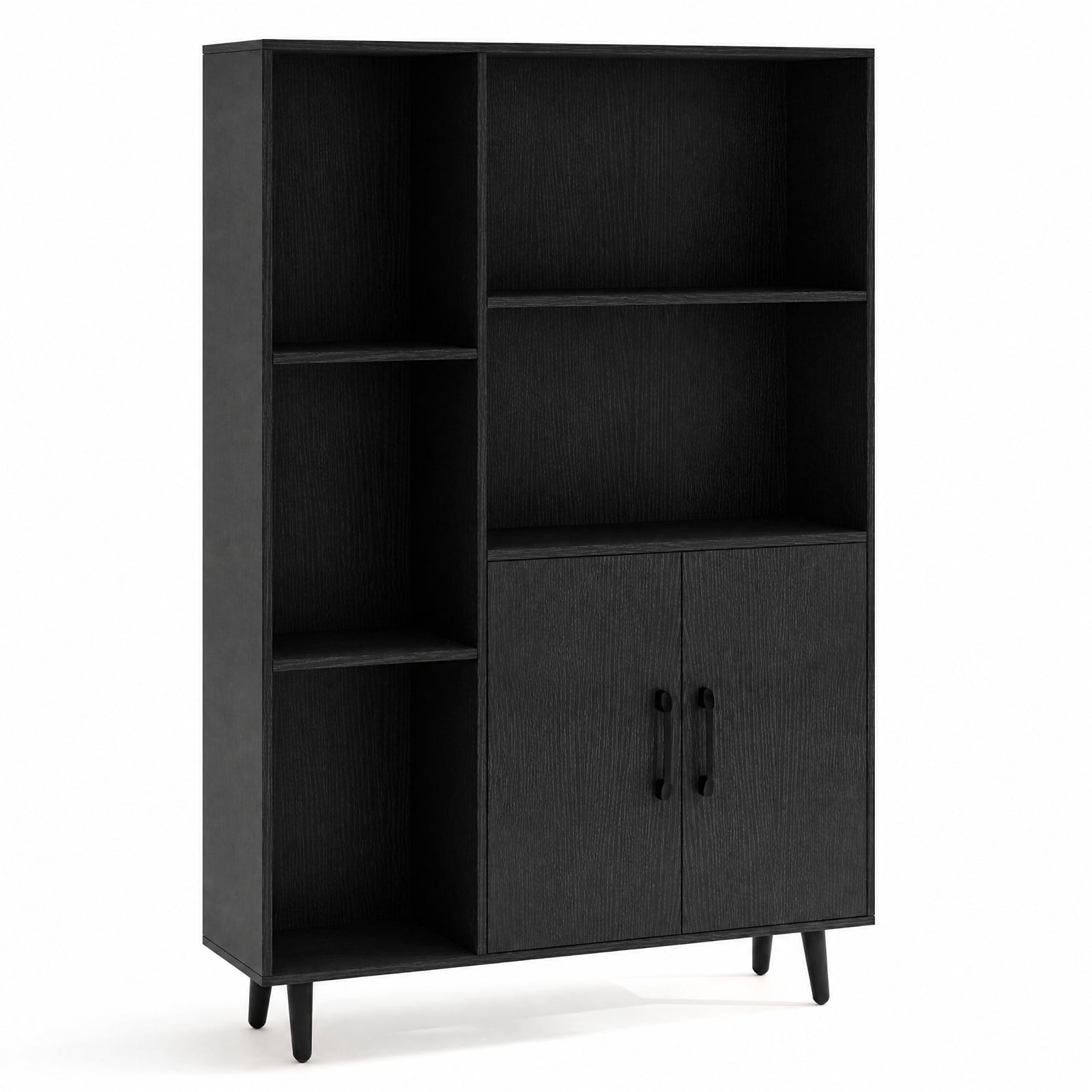 Furnibear 4 Inch Floor Bookshelf with 5 Open Compartments and Storage Cabinet for Living Room Home Office Bedroom Display Storage Shelf, Black
