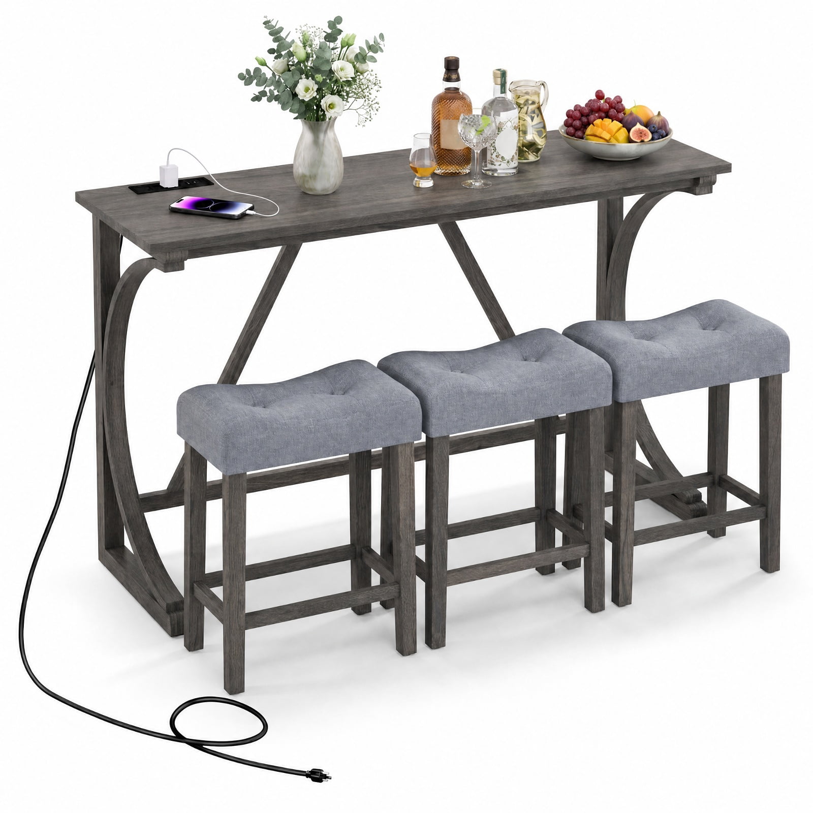 Furnibear 4 Piece Bar Table Set with Power Outlet USB Port and Upholstered Saddle Seat Stools