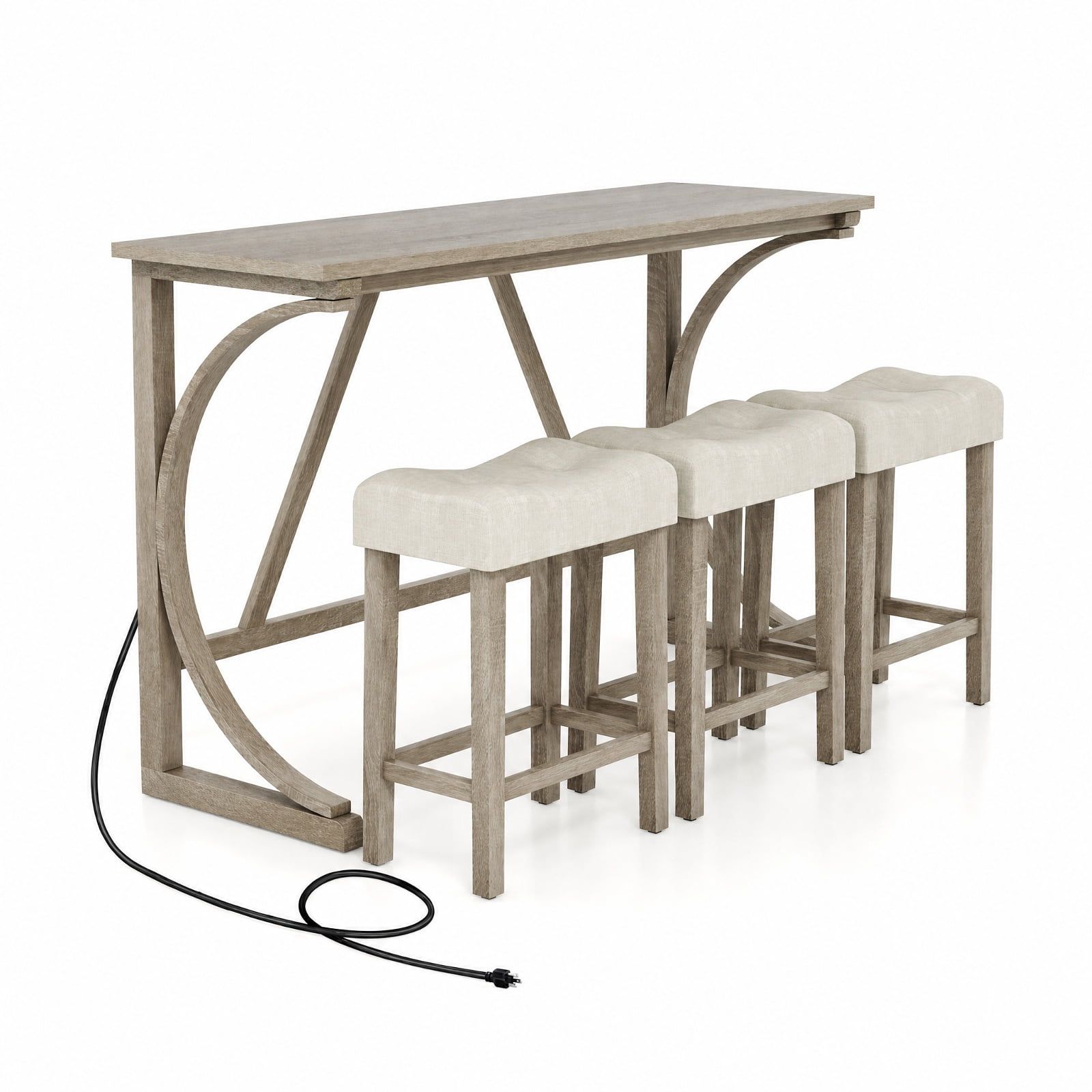 Furnibear 4-Piece Bar Table Set with Power Outlet and Upholstered Saddle Seat Stools-Grey and Beige for Kitchen Dining Room Breakfast Nook Home, Gray