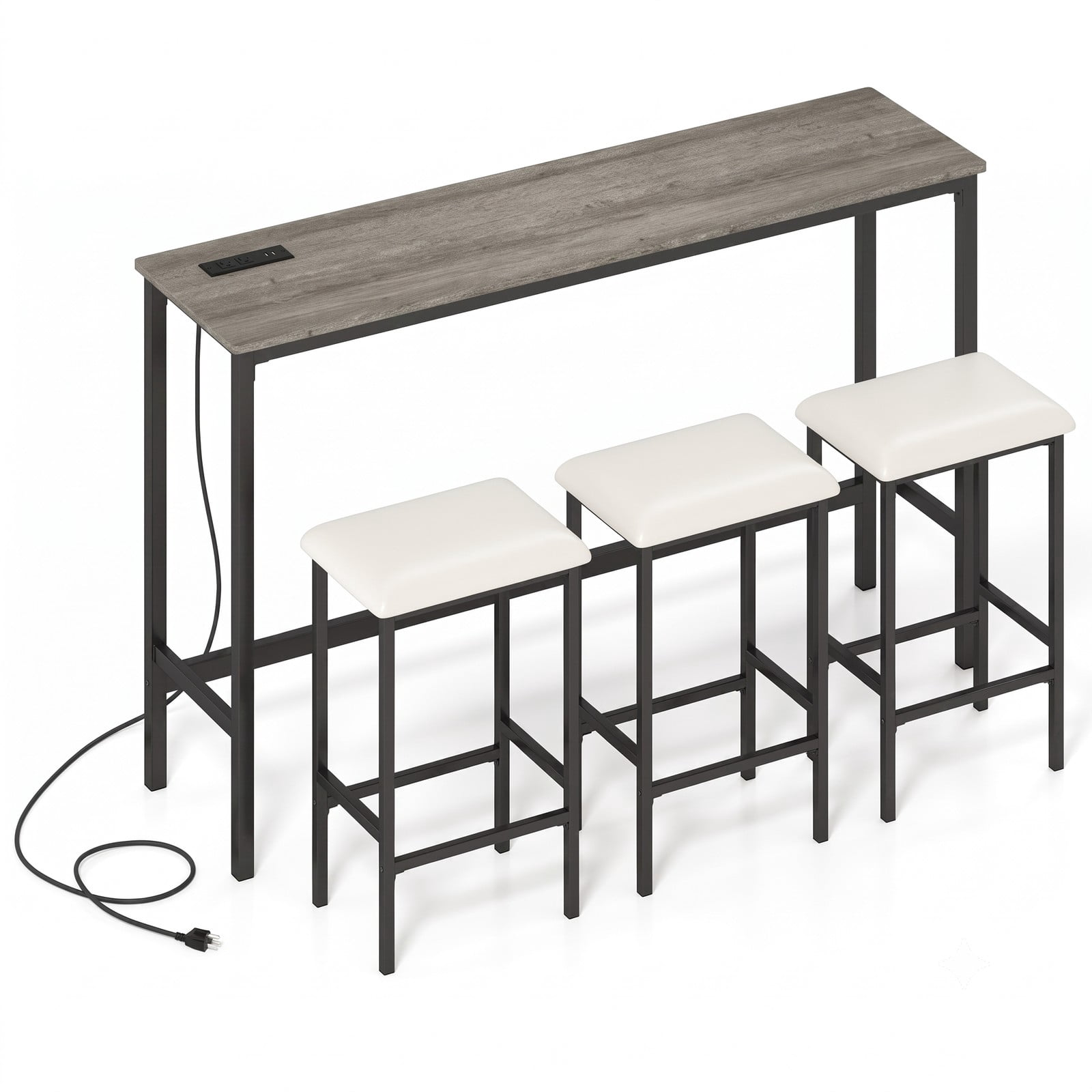 Furnibear 4-Piece Counter Height Bar Table Set with Power Outlet & USB Ports, 60" Pub Dining Table with 3 Padded Backless Stools, Space-Saving Kitchen Breakfast, Gray