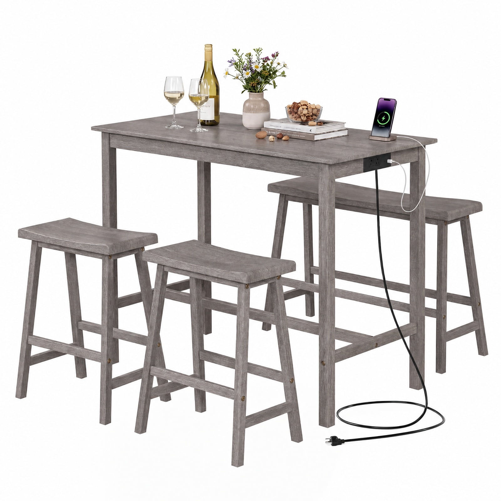 Furnibear 4-Piece Counter Height Dining Table Set with Power Outlet Solid Rubber Wood Kitchen Table for Kitchen Dining Room Breakfast Nook Home, Gray
