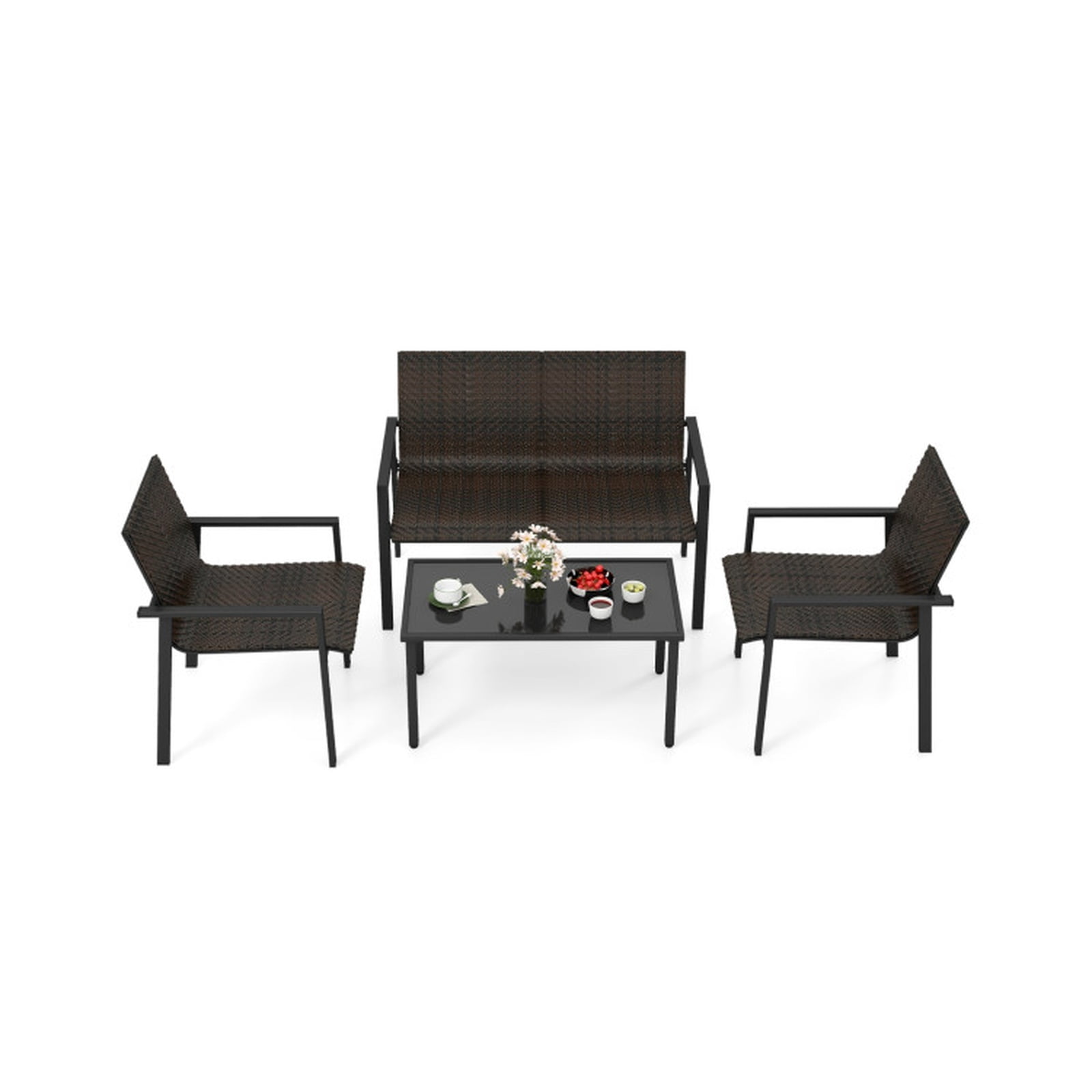 Furnibear 4 Piece Galvanized Metal Patio Furniture Set with Machine Woven PE Rattan Loveseat 2 Ergonomic Chairs and Tempered Glass Coffee Table for Backyard Poolside Balcony, Brown