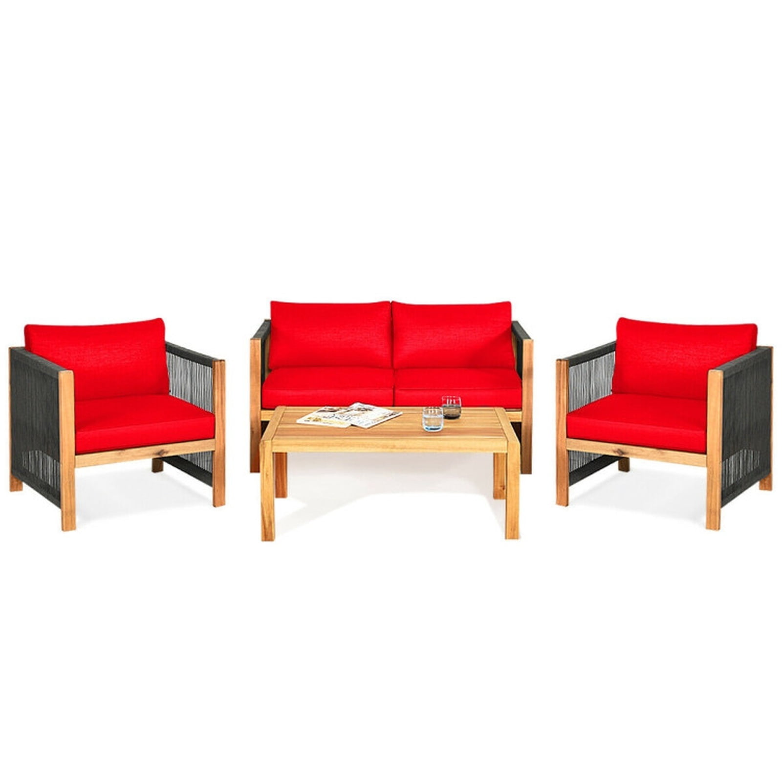 Furnibear 4 Piece Outdoor Patio Furniture Set Acacia Wood Conversation Set with Cushioned Loveseat Chairs and Coffee Table for Backyard, Red