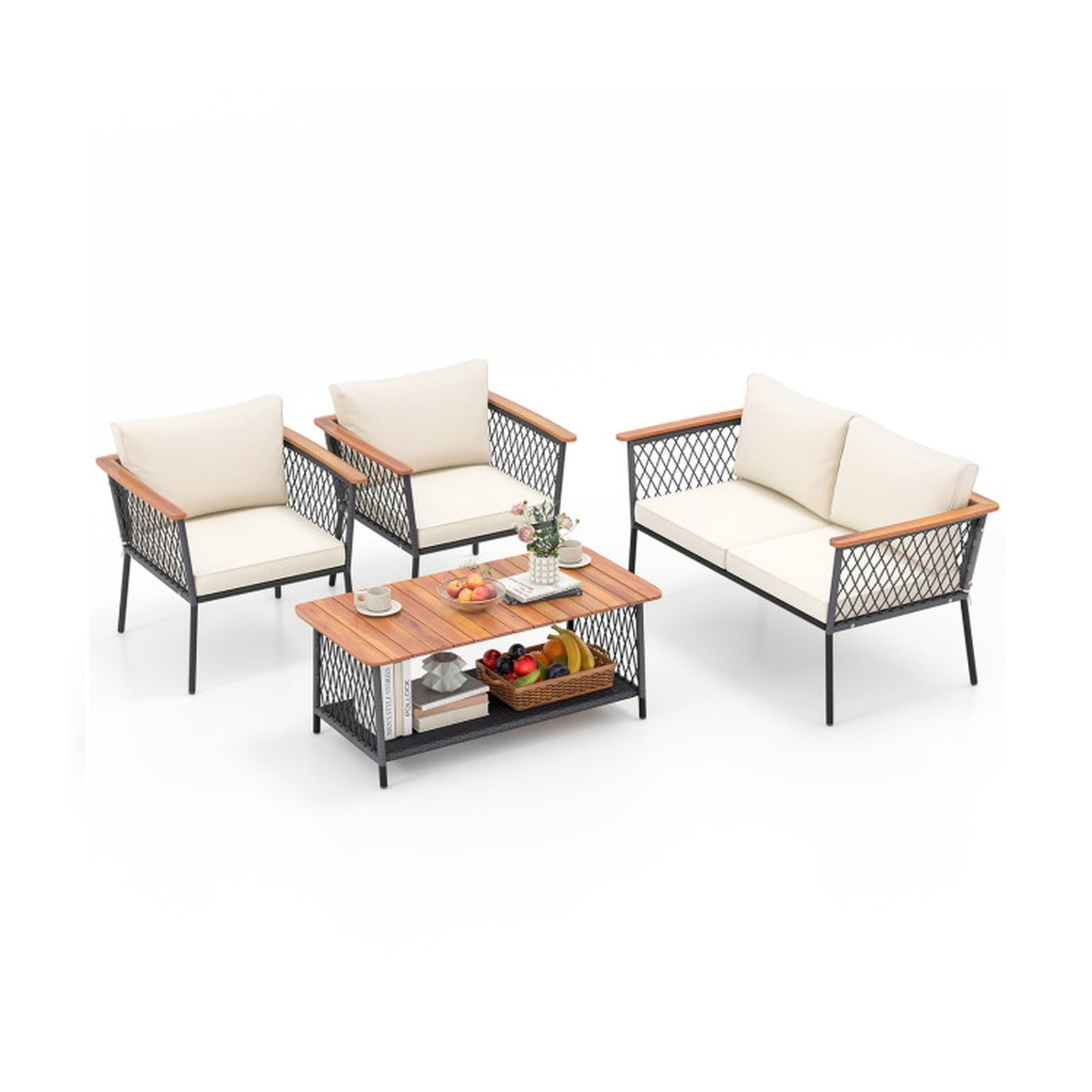 Furnibear 4 Piece Patio Furniture Set Outdoor Wicker Conversation Set with Cushioned Sofas and 2 Tier Coffee Table for Backyard Garden, Gray
