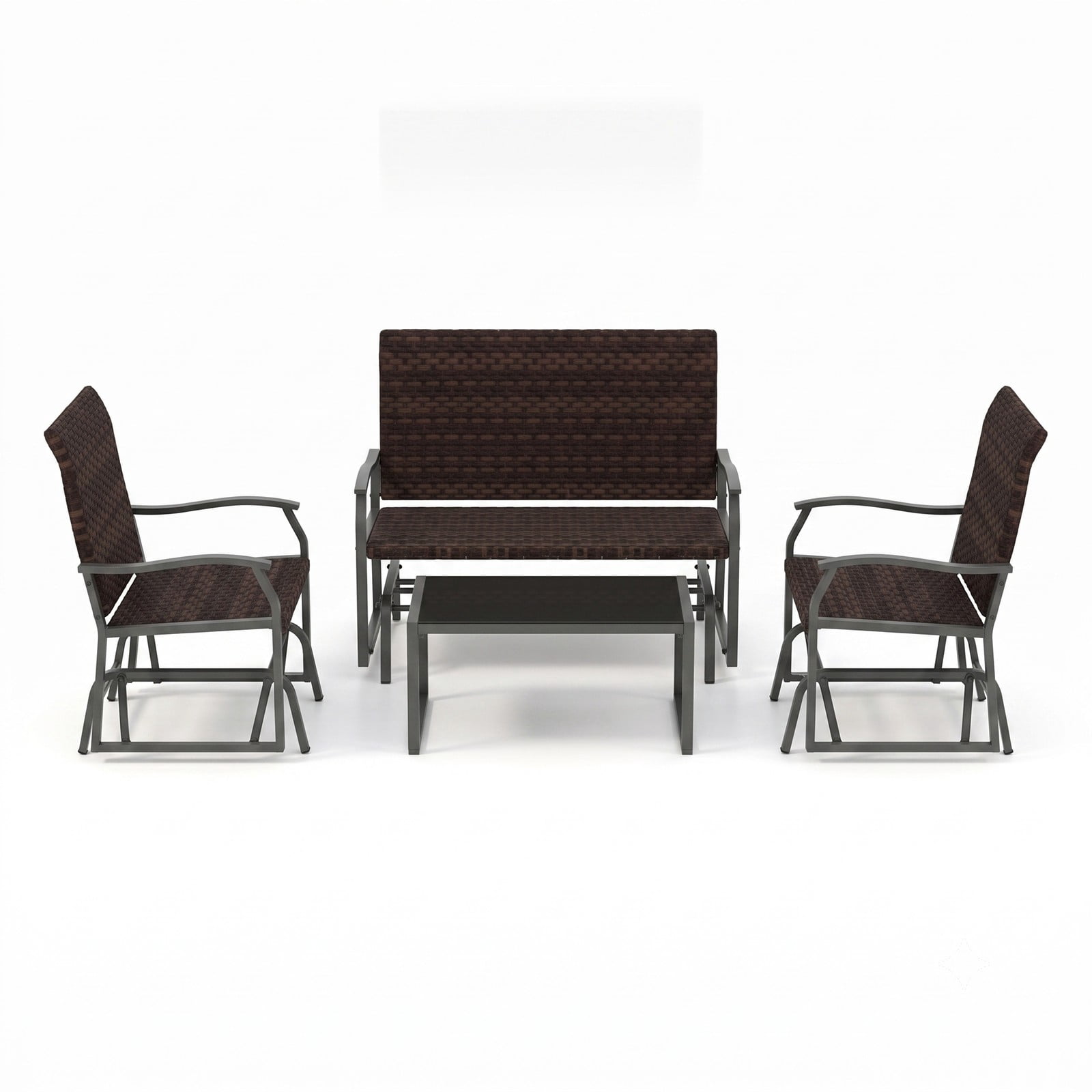 Furnibear 4 Piece Patio Wicker Glider Set with Swing Loveseat 2 Single Gliders and Tempered Glass Table for Backyard, Brown