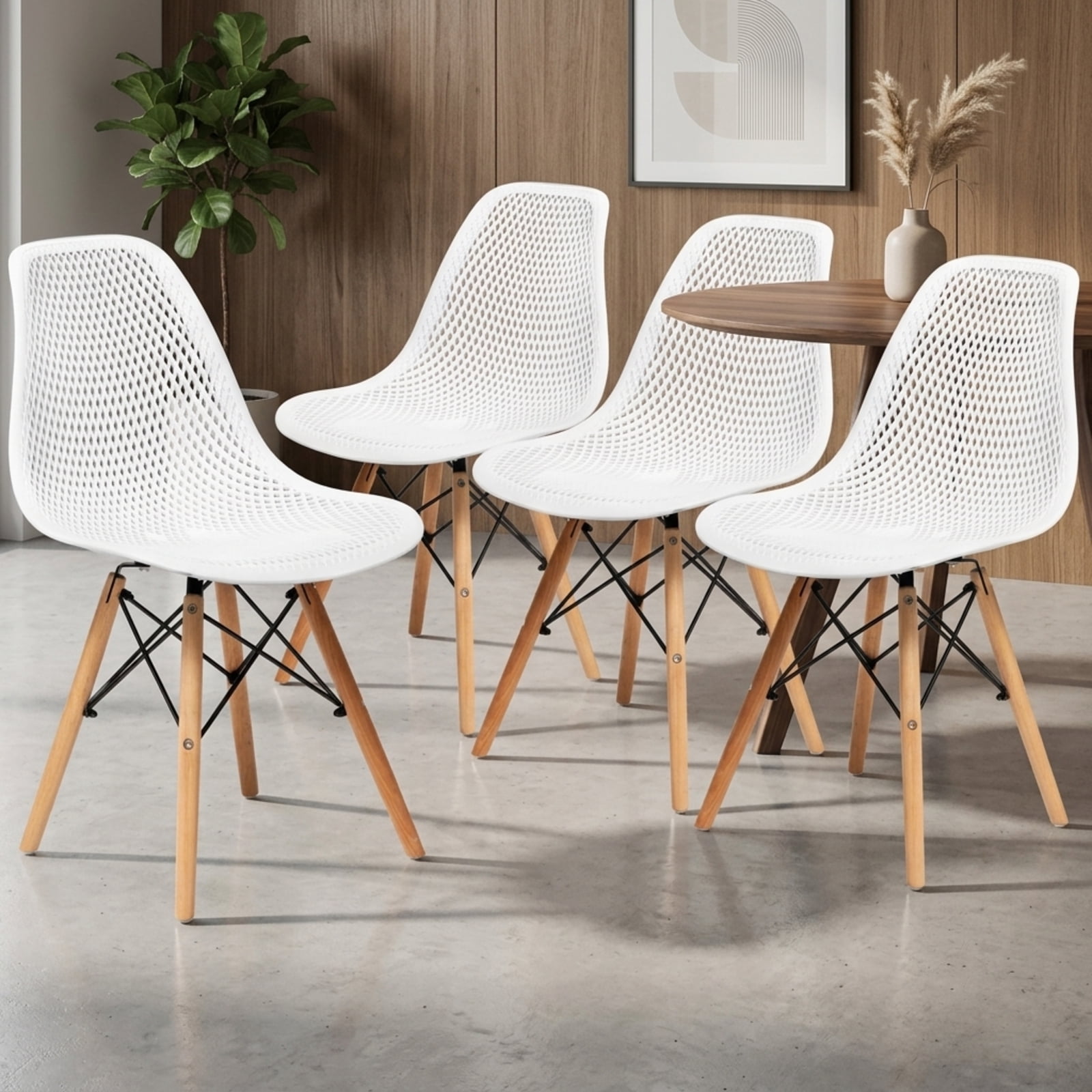 Furnibear 4 Pieces Modern Plastic Hollow Chair Set with Wood Leg for Kitchen Dining Room Living Room Home, White