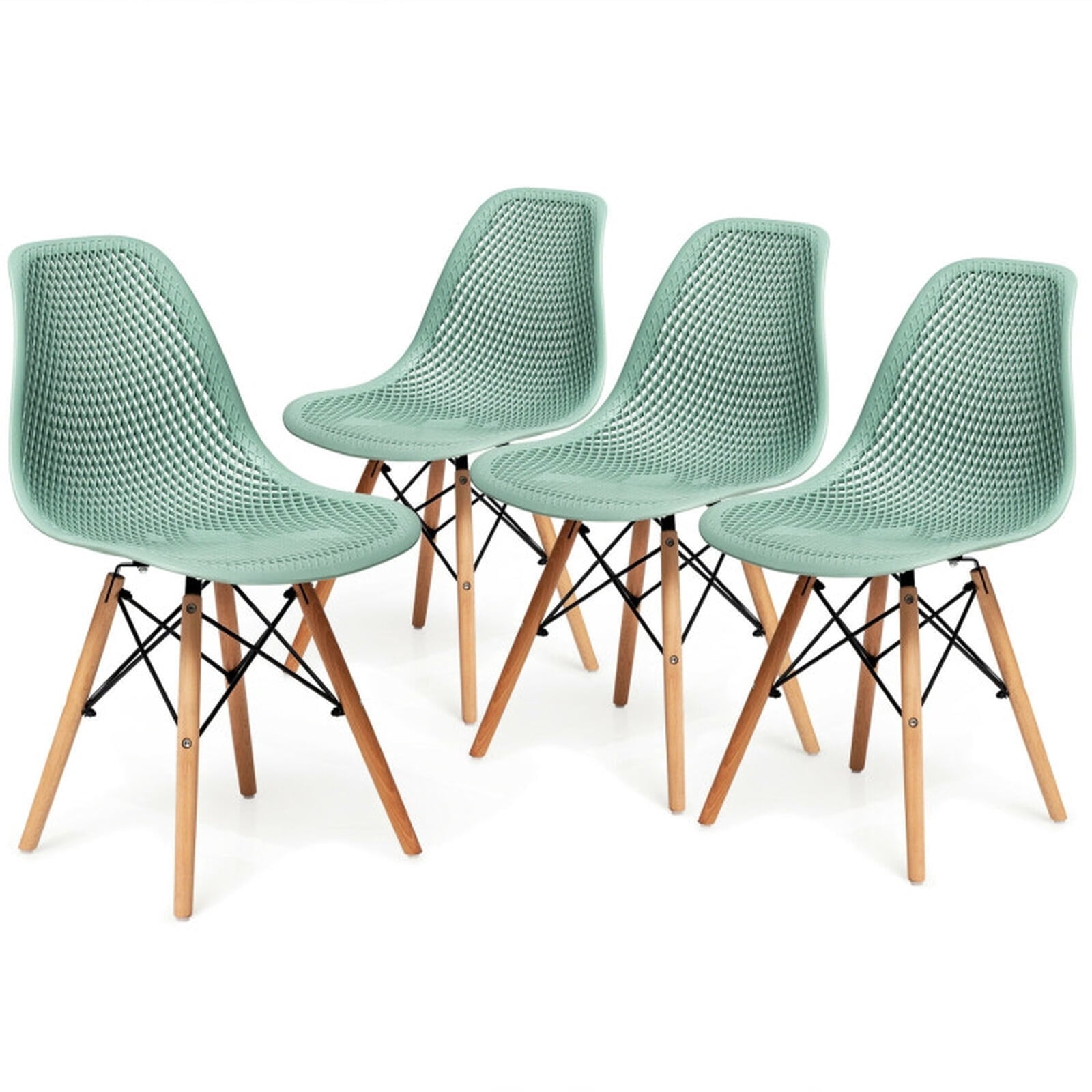 Furnibear Modern Dining Chairs Set of 4 with Hollow Backrest and Beech Wood Legs and Steel Frame for Kitchen and Dining Room, Green